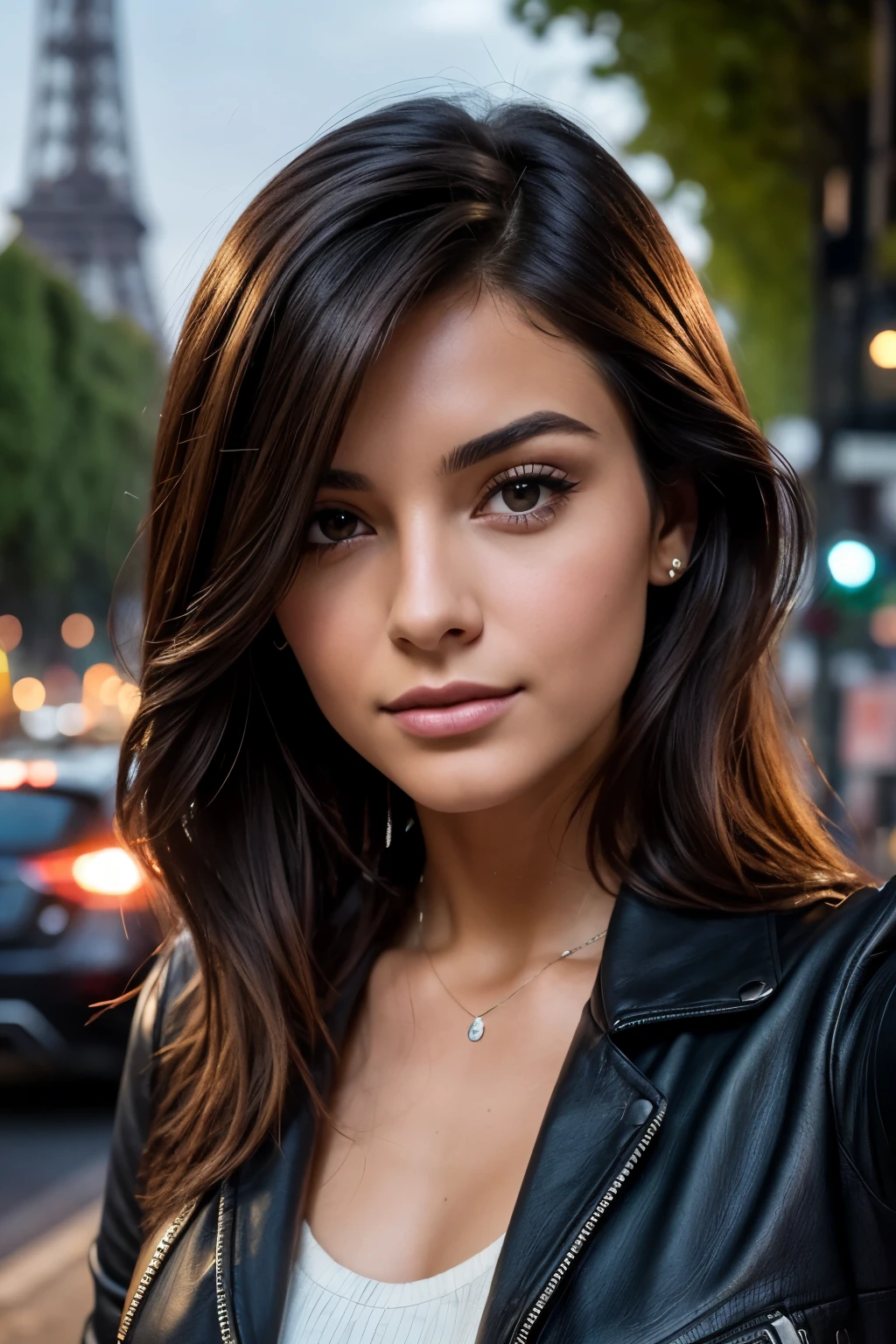 femme pleinement , brune, ultra realist, regarde la camera, Meticulously detailed, cheveux bruns, selfie of a young woman, maquillage naturel, Superbe corps complet, dans la rue, la nuit, costume, exterieur, veste costume, TERASSE of a coffee, le soir, at the Eiffel Tower,