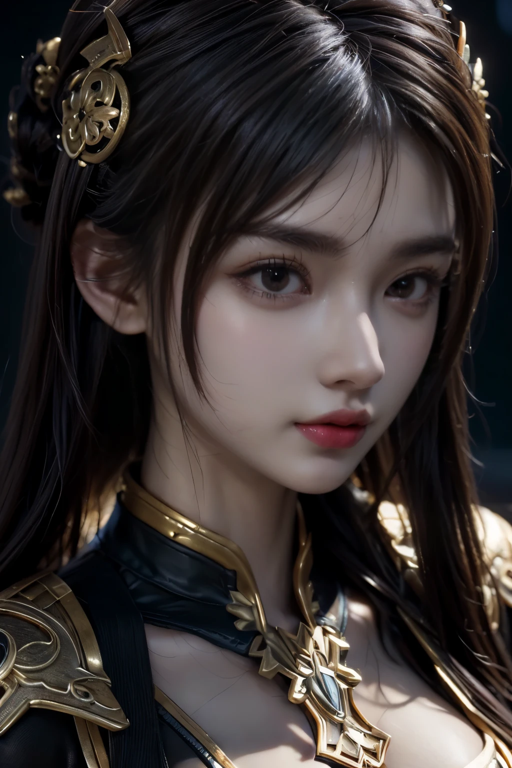 Masterpiece,Game art,The best picture quality,Highest resolution,8K,(Portrait),Unreal Engine 5 rendering works,(Digital Photography),((A close-up of a character's head:1.5)),
20 year old girl,Short hair details,With long bangs,(The red eye makeup is very meticulous),(White with short haiery red eyes,(Large, full breasts),Elegant and noble,Brave and charming,
(Cyberpunk combat suit combined with the characteristics of Chinese fairy costume,Combined with the characteristics of Dunhuang costumes,Ribbon,Golden pattern),Cyberpunk figures,Big moon background,
Movie lights，Ray tracing，Game CG，((3D Unreal Engine))，OC rendering reflection pattern