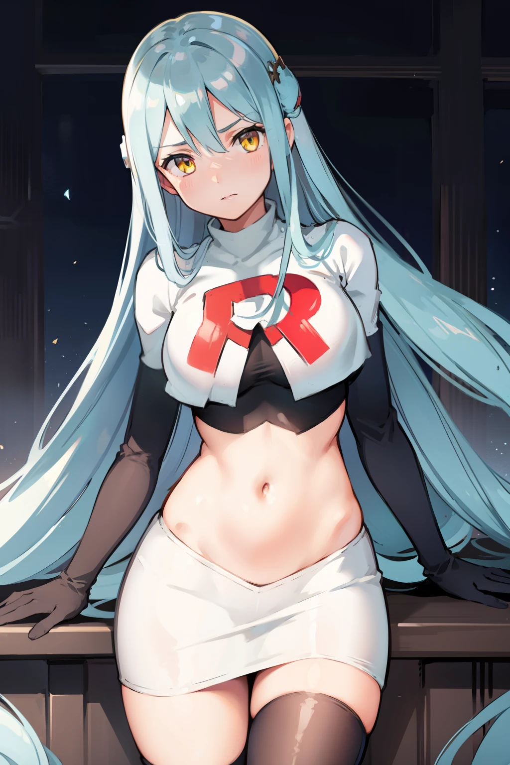 def_azura, yellow eyes ,1girl,team rocket,team rocket uniform, red letter R, white skirt,white crop top,black thigh-highs ,black elbow gloves,
