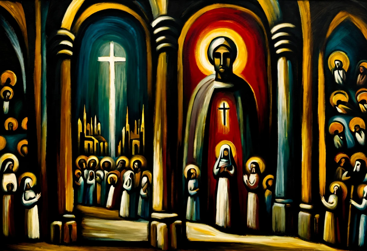 In the evocative style of Georges Rouault's religious paintings, envision a poignant illustration immersed in the depths of Gothic aesthetic. Capture the solemnity of spiritual contemplation through a composition imbued with deep, expressive strokes and rich, melancholic hues. Imagine a central figure, perhaps a stoic saint or a contemplative clergyman, their countenance marked by profound emotion and spiritual resonance. Employ Rouault's characteristic use of bold lines and intense colors to emphasize the spiritual intensity of the scene. Surround the central figure with enigmatic symbolism and religious iconography, invoking a sense of divine mystery. Illuminate the composition with a subdued yet emotive palette, conveying the nuanced interplay of light and shadow. Let the artwork resonate with the timeless and contemplative beauty of Rouault's masterful approach to religious art within the Gothic framework.