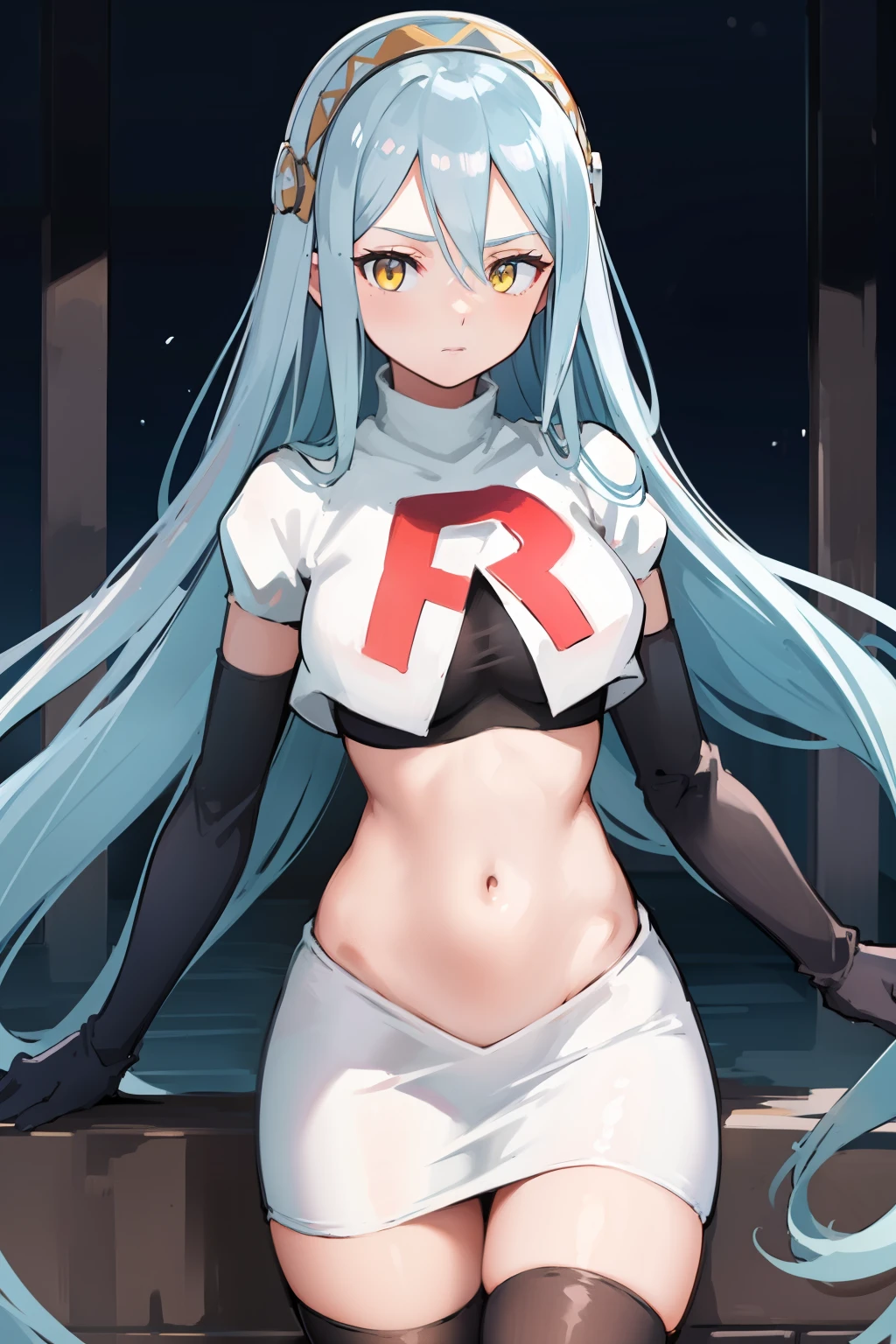 def_azura, yellow eyes ,1girl,team rocket,team rocket uniform, red letter R, white skirt,white crop top,black thigh-highs ,black elbow gloves,