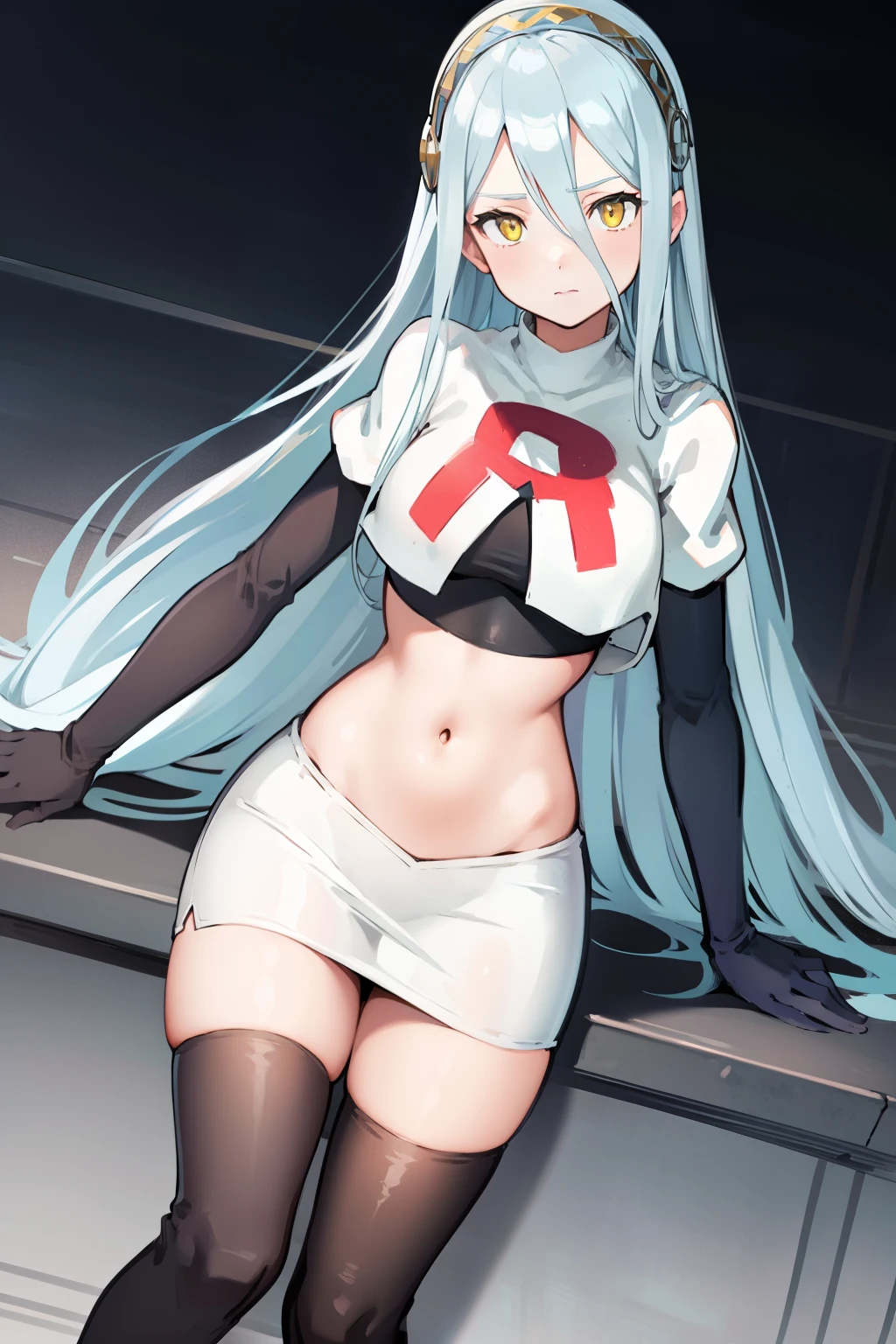 def_azura, yellow eyes ,1girl,team rocket,team rocket uniform, red letter R, white skirt,white crop top,black thigh-highs ,black elbow gloves,