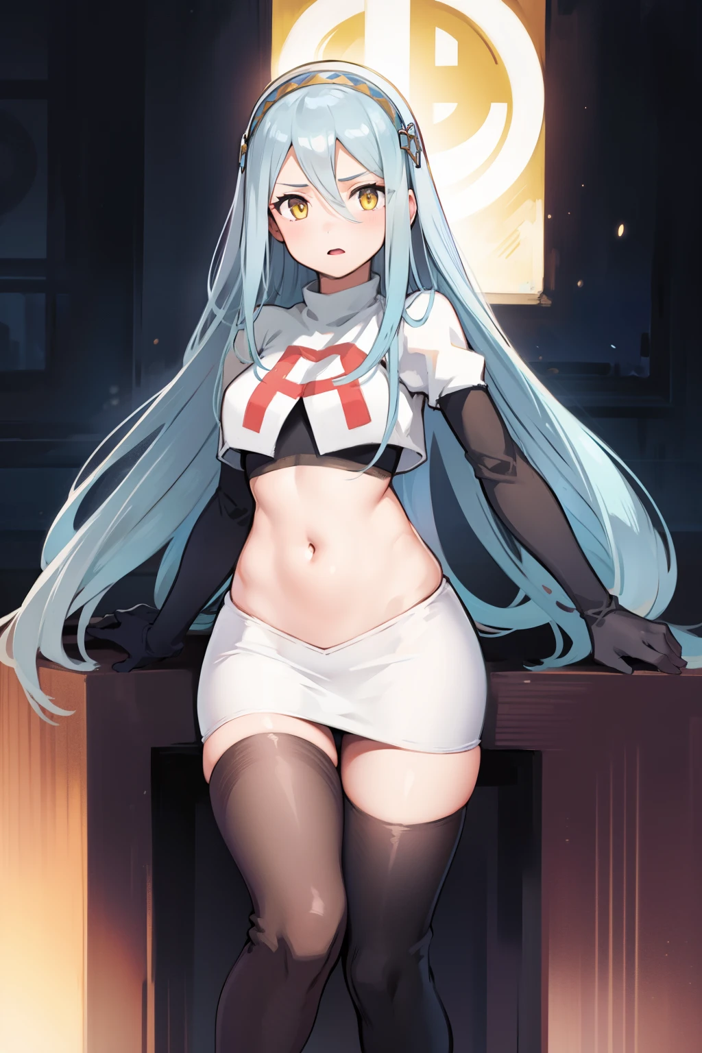 (masterpiece, best quality:1.2),
1girl,Vladilena,lenaface, blue eyes, breasts, looking at viewer, white hair,medium breasts, antenna hair, hair between eyes, looking at viewer, ahoge, expressionless, bangs, white hair,
team rocket,team rocket uniform, red letter R, white skirt,white crop top,black thigh-highs,black elbow gloves