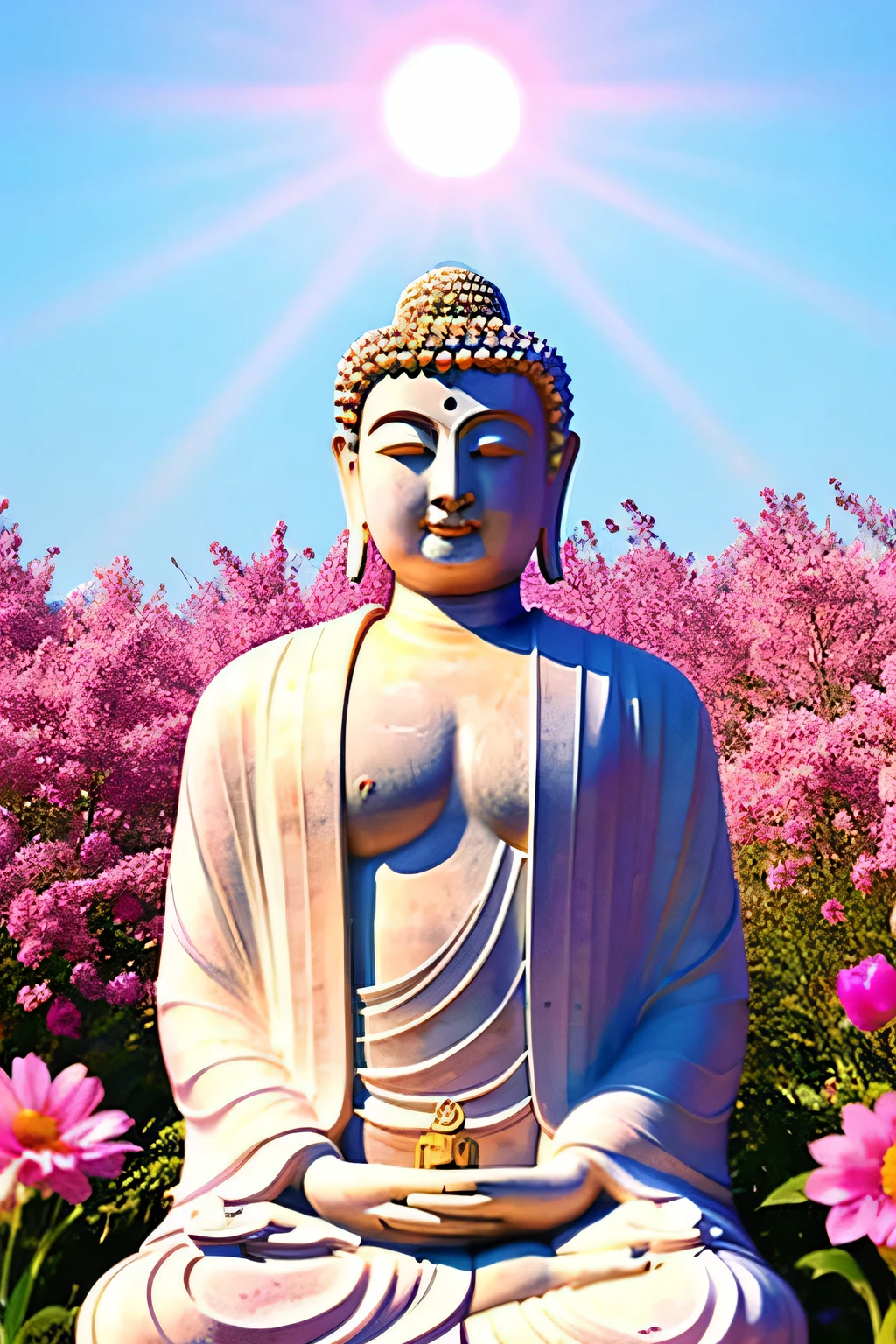 明るい背景のGreat Buddha像 Great Buddha solo front looking here halo is shining upper body only body is 70 on screen%Profession hold hands Like a photograph The background is full of flowers The background color is pink wonderful background