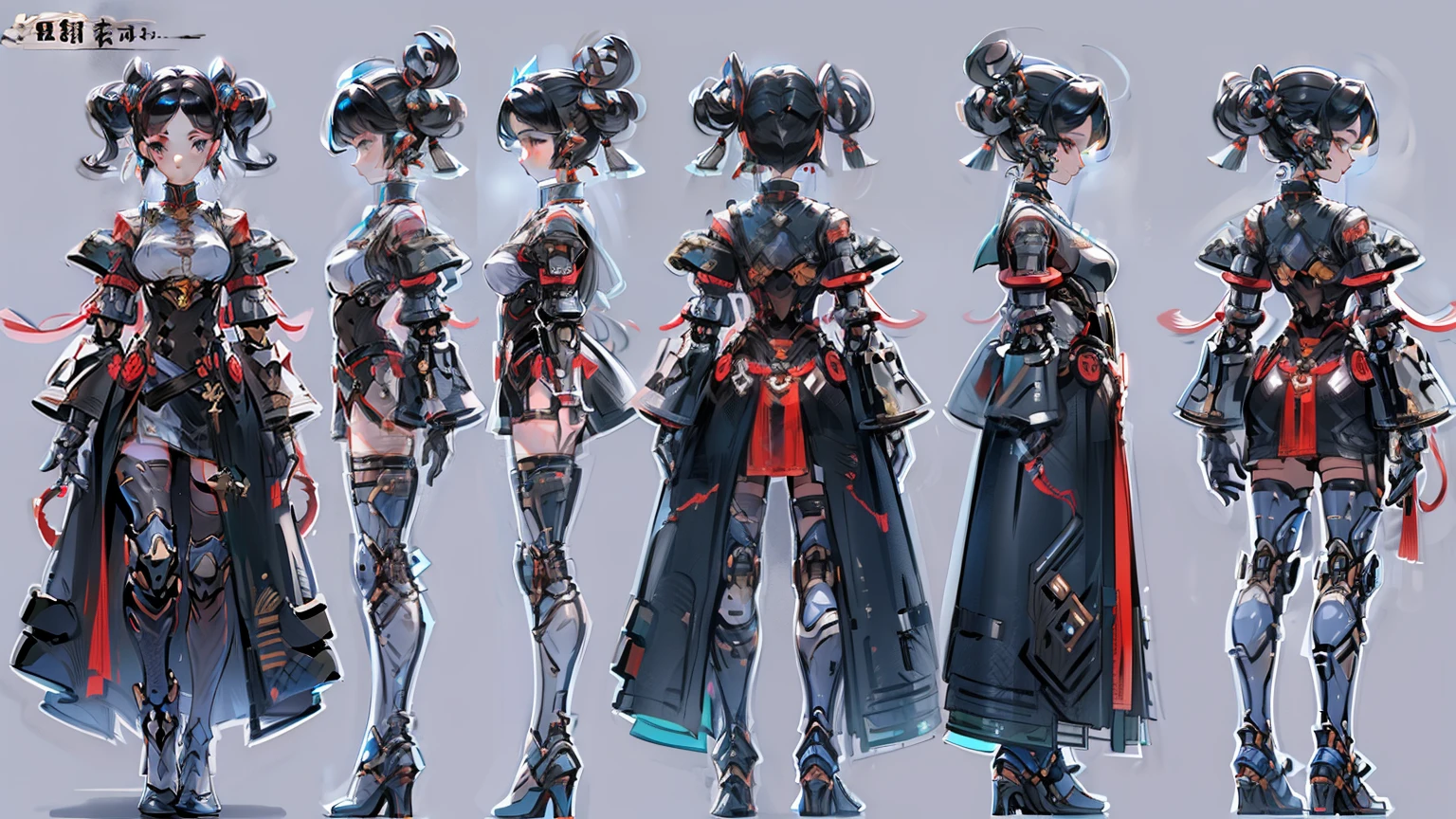 1 female, 20 years old, (granblue fantasy characters), complete body, character design sheet,Cyberpunk clothes,black hair,robe, prosthetic limb,Mechanical construction,Front view, side view, Rear view