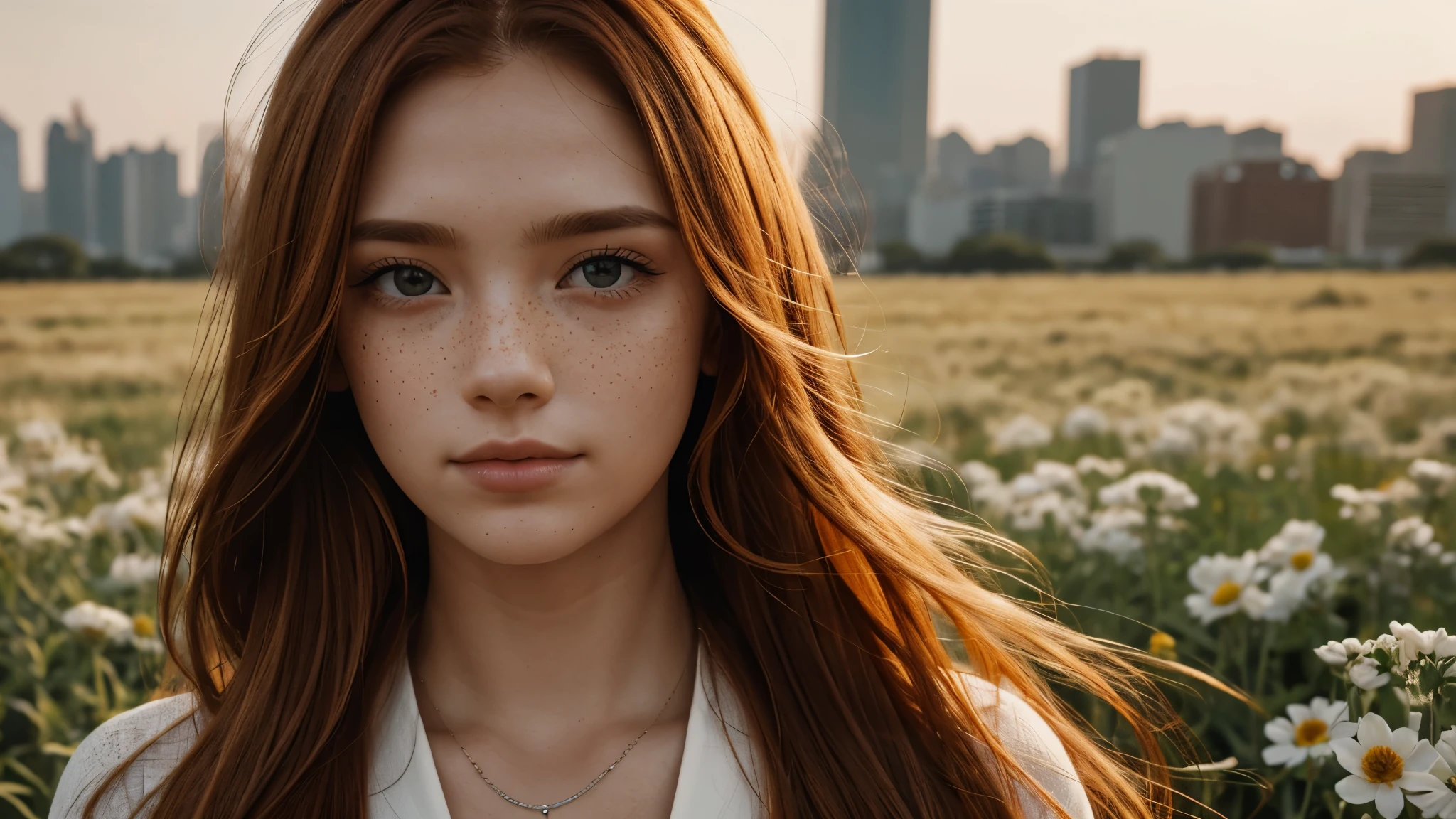 Realistic photography, Close-up of beautiful woman with freckles and , head shot , 25 years old, focus on eyes, 50mm f1.4, ginger hair in the wind, Human Development Report Masterpiece,dramatic lighting, epic, Web clothing, flowers on hair, Xiaoxue, post apocalyptic city, epic necklace