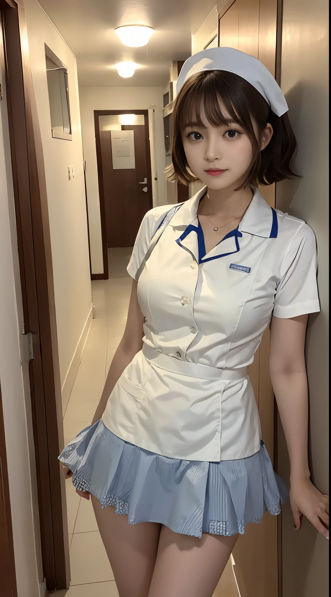 (top-quality、8K、32K、​masterpiece、nffsw:1.2)、Photo of a cute Japanese woman、女の子 1 人、(Medium short dark brown hair)、(small tits)、二重まぶた、White nurse uniform、Little White Nurse (caps) 、White shirt、open-shirt、hospitals、Hospital Room、The upper part of the body、full bodyesbian