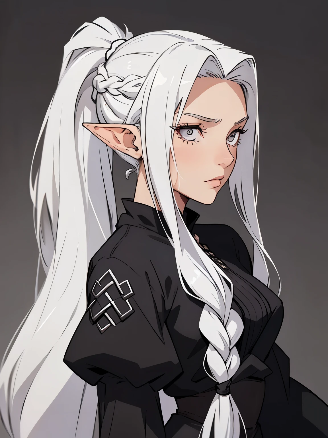 Millicent is a 21 year old young girl, tall and fit physique. She has fair skin and gray eyes with small pupils. Long wavy white hair braided into a high ponytail with many small braids. Has long pointed ears. Described as an incredibly beautiful girl. Prefers to wear black clothes, gray and white colors