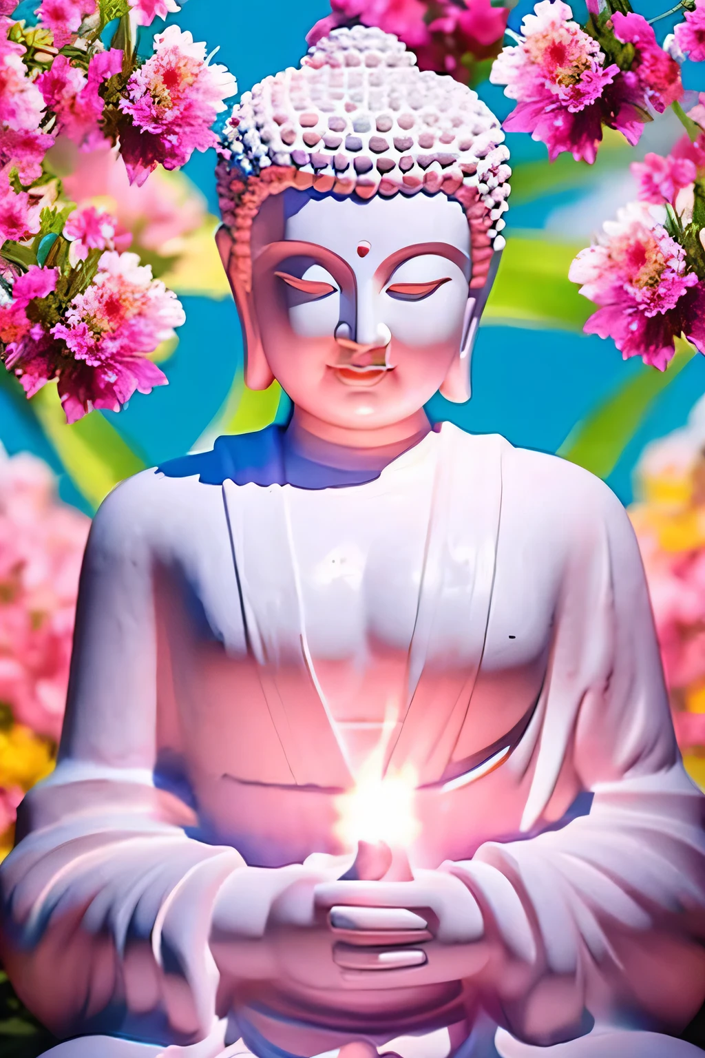 明るい背景のGreat Buddha像　Great Buddha　solo front　looking here　halo is shining　upper body only　body is 70 on screen%Profession　hold hands　Like a photograph　The background is full of flowers　The background color is pink wonderful background