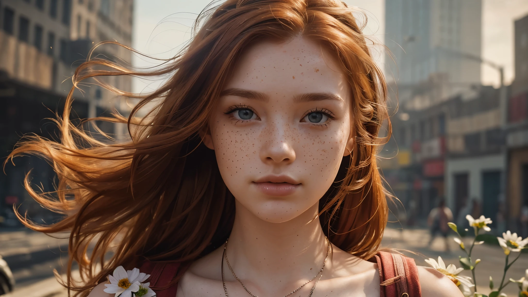 Realistic photography, Close-up of beautiful woman with freckles and , head shot , 25 years old, focus on eyes, 50mm f1.4, ginger hair in the wind, Human Development Report Masterpiece,dramatic lighting, epic, Web clothing, flowers on hair, Xiaoxue, post apocalyptic city, epic necklace