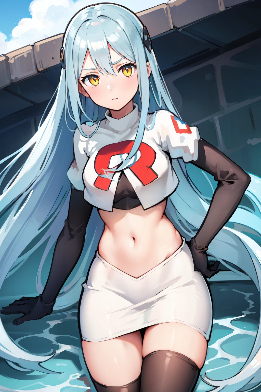 1girl, white hair, red eyes, navel, looking at viewer, hand on hip, black jacket, dolphin shorts, groin, (white shirt:1.2), braid, very long hair, wide hips,
underboob, shirt,
big\(BodyProportions\),