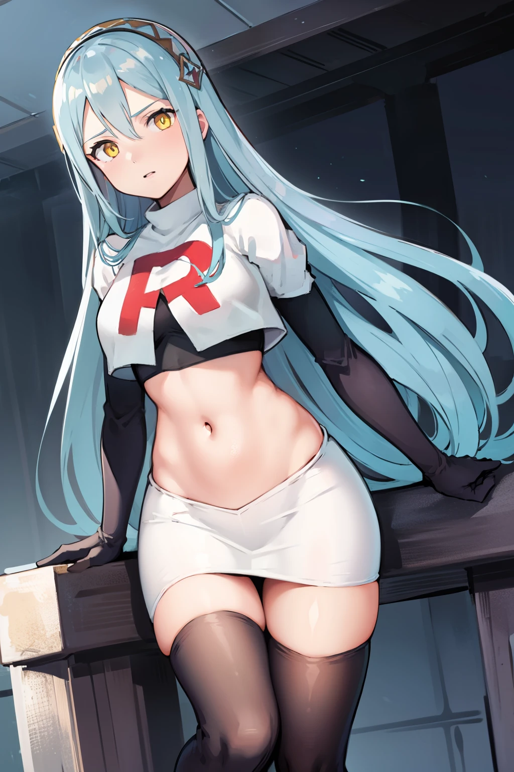 def_azura, yellow eyes ,1girl,team rocket,team rocket uniform, red letter R, white skirt,white crop top,black thigh-highs ,black elbow gloves,