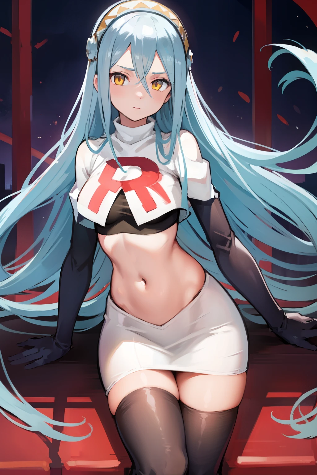 def_azura, yellow eyes ,1girl,team rocket,team rocket uniform, red letter R, white skirt,white crop top,black thigh-highs ,black elbow gloves,