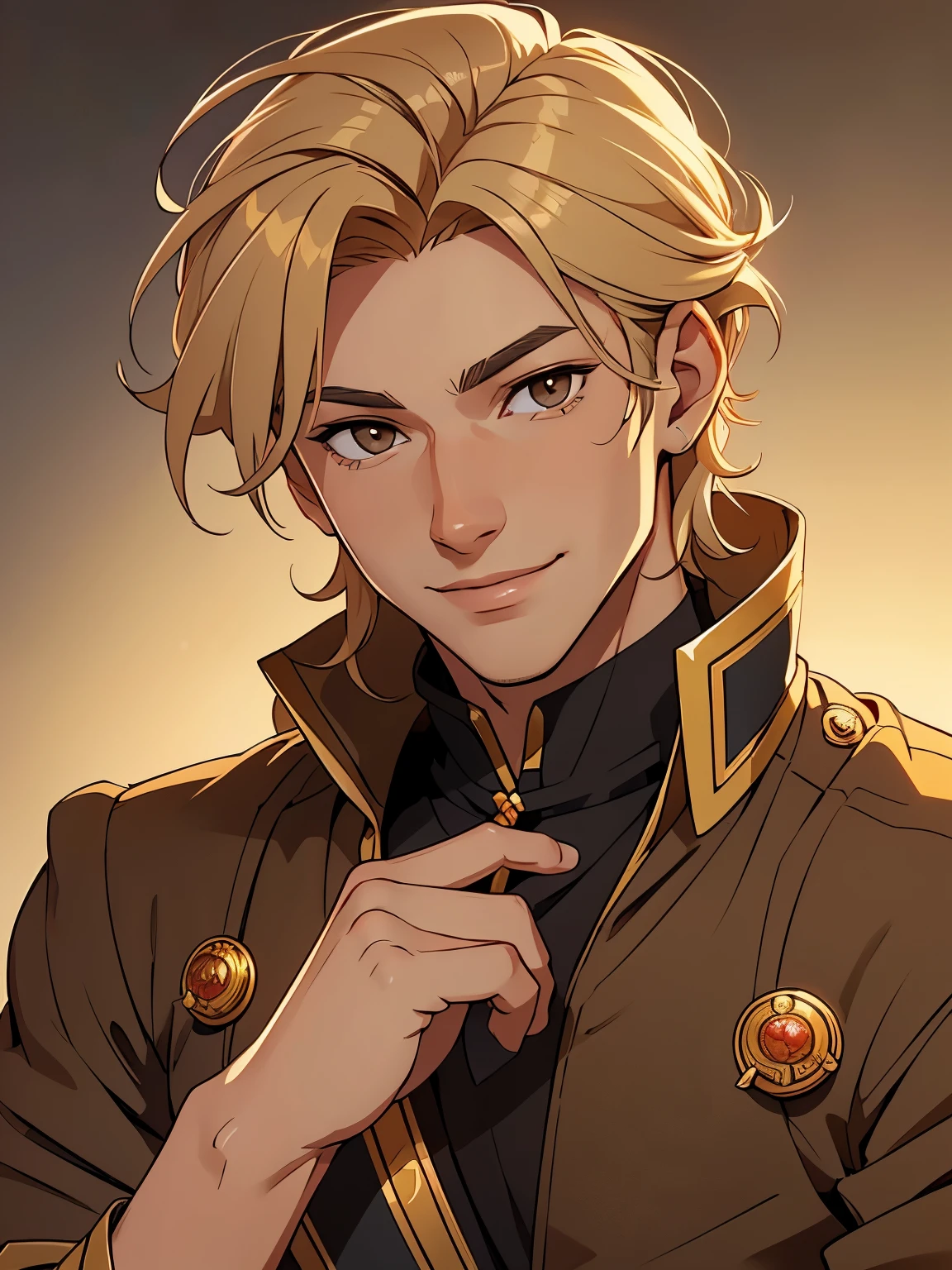 Nikolai is 22 years old, he has tanned skin, golden hair, shaved on one side and styled on the other, light brown eyes and slightly hooked nose, he has a beautiful face, outlined by the features of a fairy-tale prince;. He is described as extremely charming, handsome and smiling