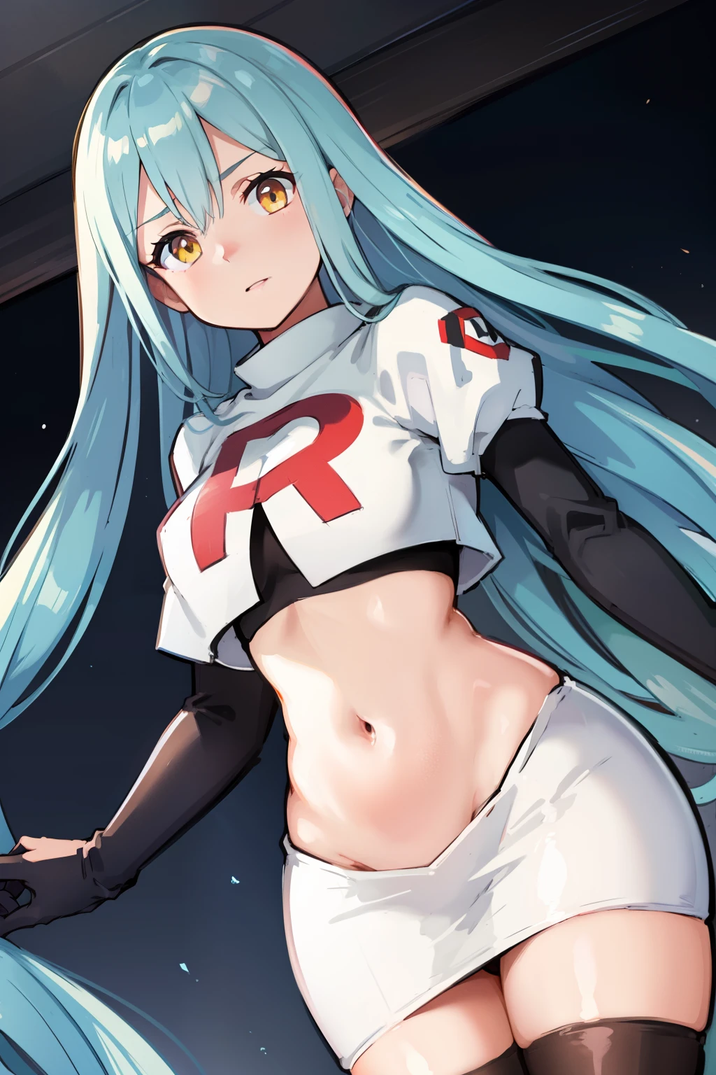 def_azura, yellow eyes ,1girl,team rocket,team rocket uniform, red letter R, white skirt,white crop top,black thigh-highs ,black elbow gloves,