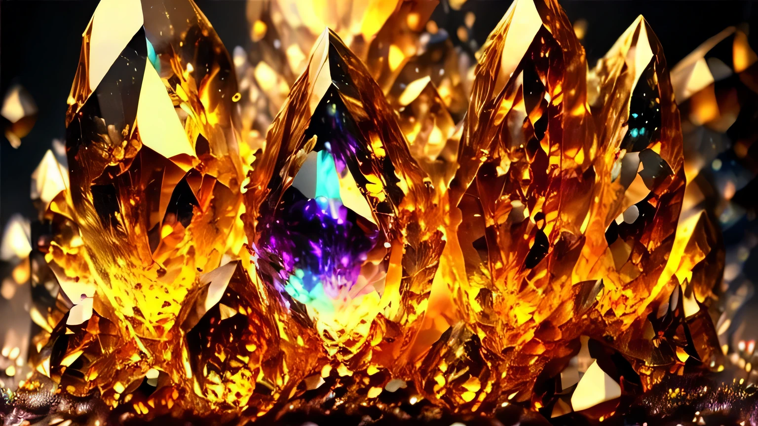 (best quality, highres, ultra-detailed, realistic:1.37), vibrant crystals, dark background, sparkling particles, vibrant and intense lights, intricate patterns, gold,
no people.