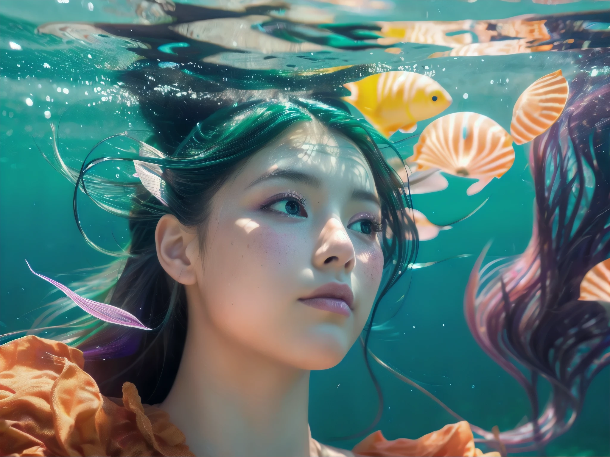 (a masterpiece of),Awesome,superhighresolution,1girl huge large breasts,pink  hair，Underwater,ocean floor,Reef fish and vines abound,(mermaids)The girl stares at you,sparkle in eyes，Underwater shots，A clear underwater world，Clear water，See the face and the whole body clearly，A transparent underwater world