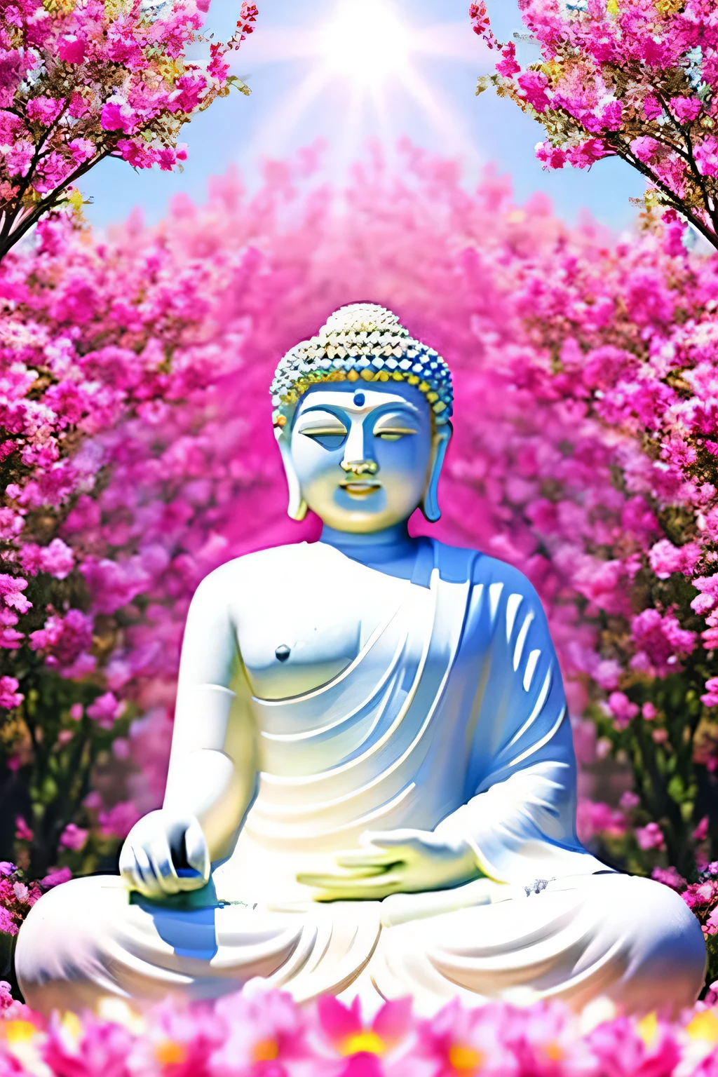 明るい背景のGreat Buddha像 Great Buddha solo front looking here halo is shining upper body only body is 70 on screen%Profession hold hands Like a photograph The background is full of flowers The background color is pink wonderful background