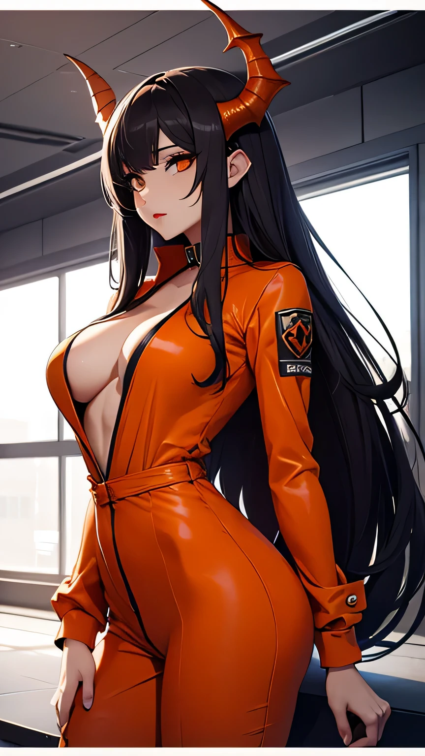 luna the succubus from monster girl prison, succubus wearing faded orange jumpsuit, full coverage prison suit, best qualityer,tmasterpiece,Ultimate resolution,downy,dull,Colorful girl,Dragon beauty,Mature face shape ,long hair, Redlip,jumpsuit has collar,Long messy hair,A pair of dragon horns,A pair of dragon wings,a matural female,Normal posture, wearing orange jumpsuit, jumsuit goes up to neck, in prison, dark hair