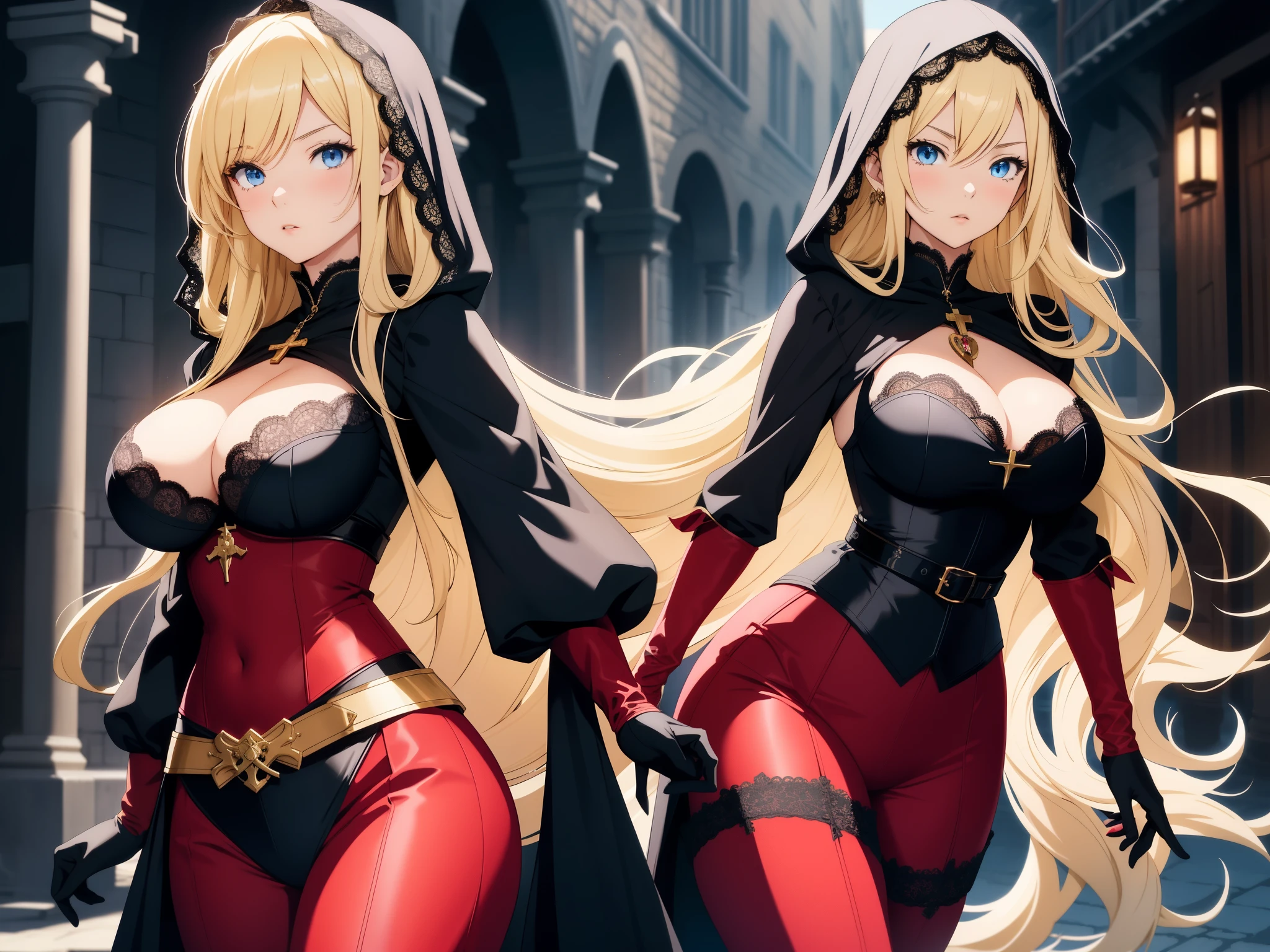 very detailed, anime style, 1girl, alone, serious, long hair, straight hair, blonde, blue eyes, black headband, cleavage, huge breasts, wide hips, black and white elegant assasincostume with a hood behind her back, with ruffles and lace, wide leathe belt, very tight red pants, tall brown boots that go over the knees, medieval renaissance streets, part one's hair in the middle, voluptuous, crucifix pendant, alone, long gloves with lace, walking,
