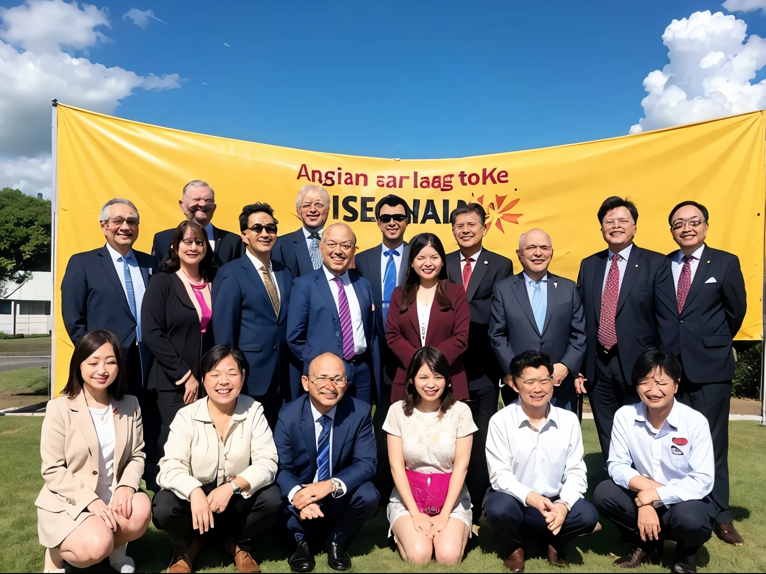 Corporate group photo，Asian，The picture is real，plenty of sunshine，There is a long banner behind the background，The face is depicted in detail，clear picture，About 20 people