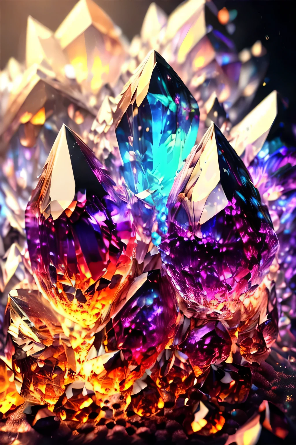 (best quality, highres, ultra-detailed, realistic:1.37), vibrant crystals, dark background, sparkling particles, vibrant and intense lights, intricate patterns, fire and embers, no people.