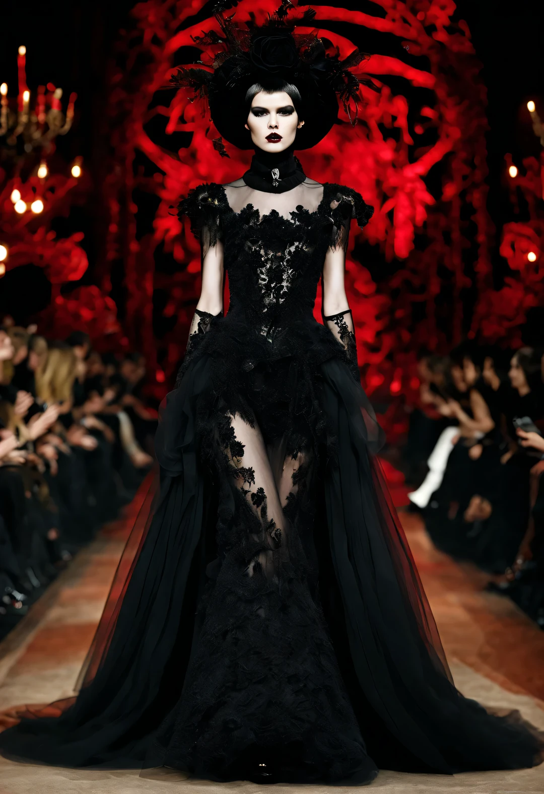 Gothic aesthetic fashion，Gothic clothing was heavily influenced by architecture， Their clothing is mostly characterized by vertical lines and folds..， Make the wearer look slim， And increase the height of the  by raising the hat， Gives people a light and upward feeling。Make the wearer look slim，And increase the height of the  by raising the hat，Gives people a light and upward feeling。red dress with lots of lace、Roses symbolize romance，grave、vampire、witch，