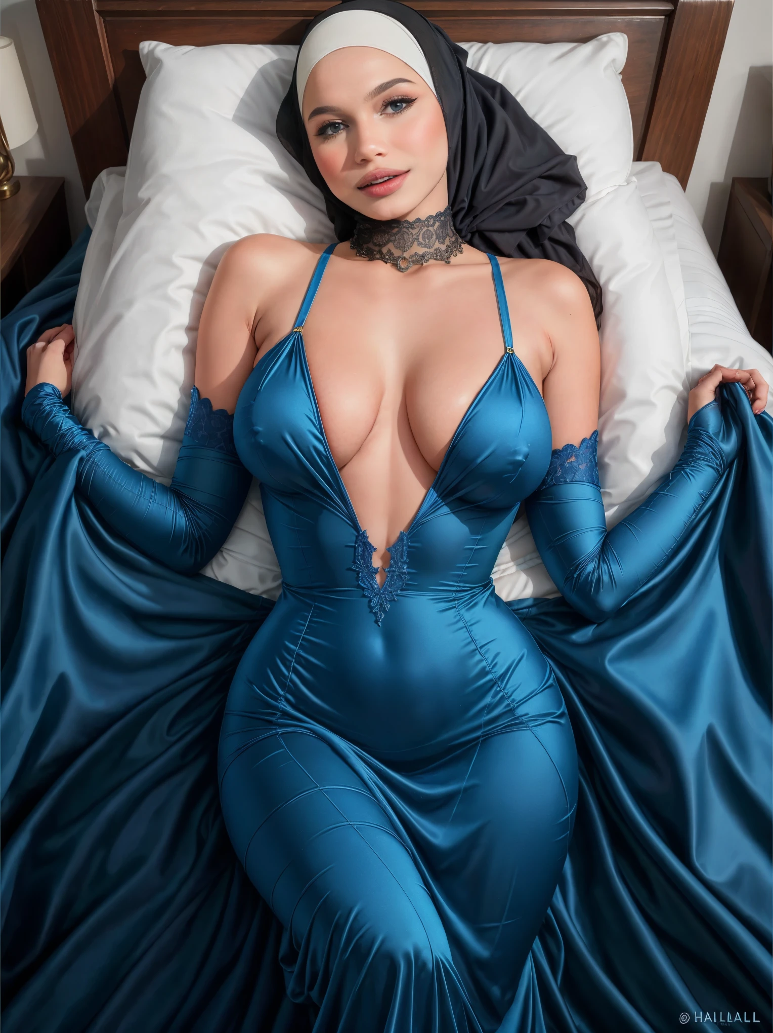 Shot from above, Michael Cheval style illustration of young woman, very beautiful young woman with hijab, lying down, heavy big breast, dressed in a beautiful turquoise blue lace dress