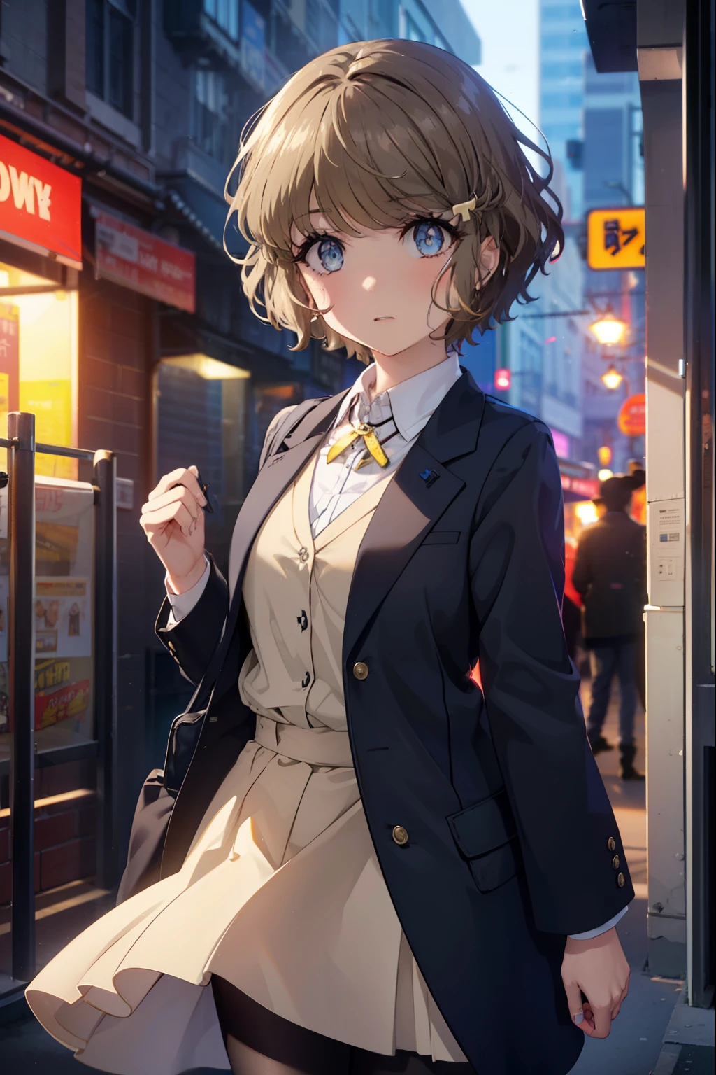tomoekoga, Chie Koga, short hair, brown hair, blue eyes, hair clip,big breasts , OL, yellow long coat The front is empty,end, black suit jacket, collared jacket, white dress shirt, collared shirt, neckline, button, strap, ID card on neck, black pencil skirt, black pantyhose, stiletto heels,sunset,evening,
break outdoors, In town,building street,
break looking at viewer, (cowboy shot:1.5),
break (masterpiece:1.2), highest quality, High resolution, unity 8k wallpaper, (figure:0.8), (detailed and beautiful eyes:1.6), highly detailed face, perfect lighting, Very detailed CG, (perfect hands, perfect anatomy),