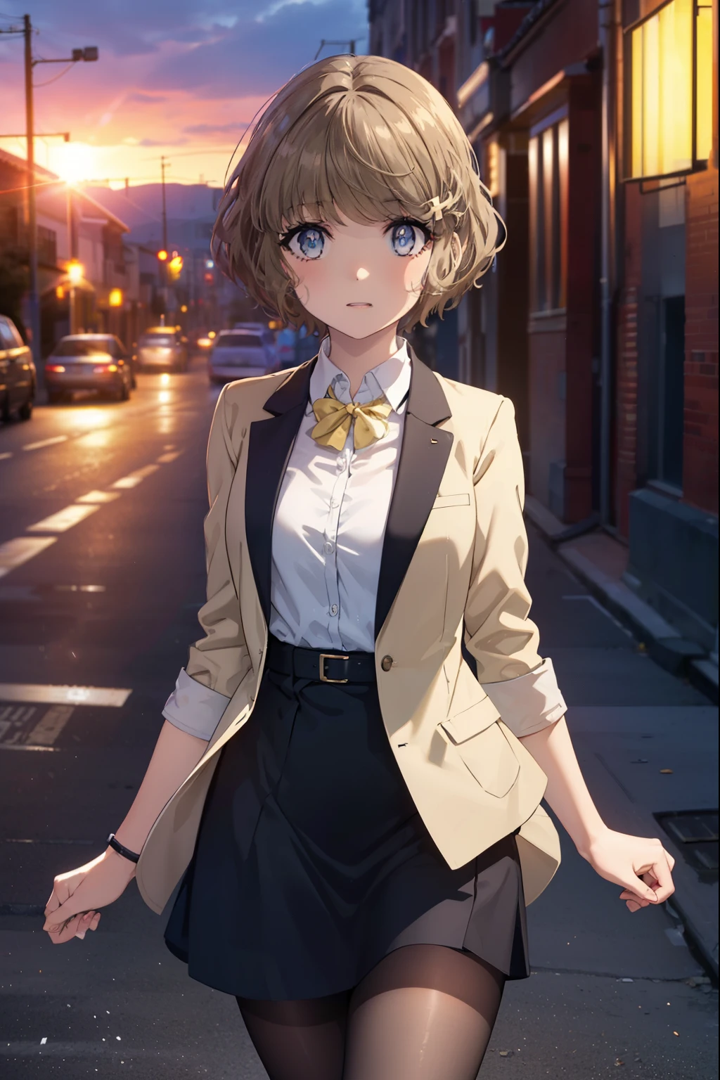 tomoekoga, Chie Koga, short hair, brown hair, blue eyes, hair clip,big breasts , OL,  yellow long coat　The front is empty,end, black suit jacket, collared jacket, white dress shirt, collared shirt, neckline, button, strap, ID card on neck, black pencil skirt, black pantyhose, stiletto heels,sunset,evening,
break outdoors, In town,building street,
break looking at viewer, (cowboy shot:1.5),
break (masterpiece:1.2), highest quality, High resolution, unity 8k wallpaper, (figure:0.8), (detailed and beautiful eyes:1.6), highly detailed face, perfect lighting, Very detailed CG, (perfect hands, perfect anatomy),