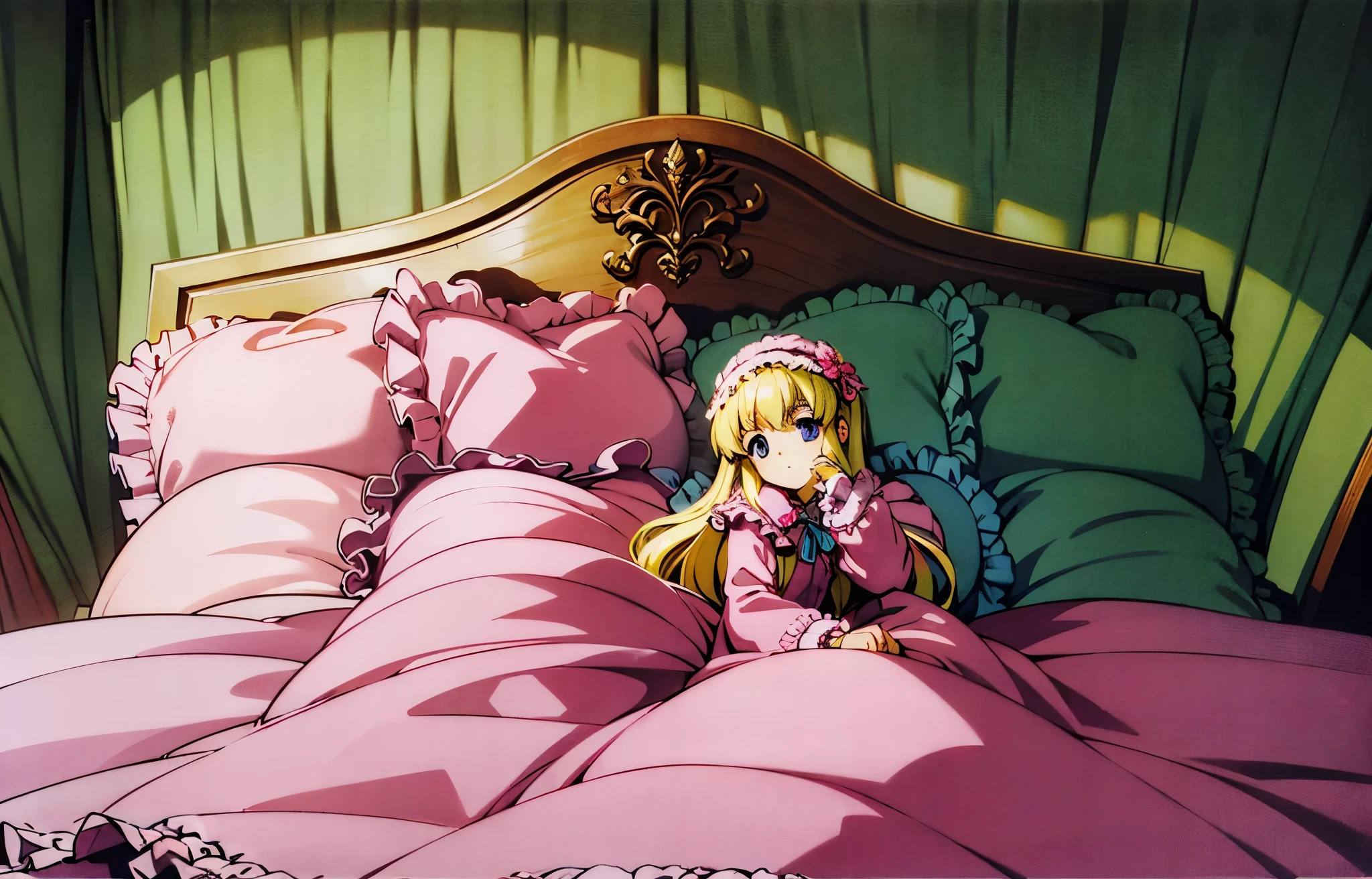 ,highest quality, masterpiece, highest resolution, artwork, super それにget used to it, many get used to it, get used to it, それにget used to it, 3K anime illustration,(( 10 year old girl)),Super detailed baby face,high quality small face,long blonde hair,blue eyes,白い肌のeuropean,pajamas, european,curly hair,blue eyes,((((ピンクのロリータファッションのlong skirtのワンピースドレス)))),((フリルとリボンがたっぷりついたピンクの可愛らしいpajamas)),((Luxurious headdress with frills and ribbons)),detailed headdress,,(((big yoke collar))),Yoke collar with ruffles and ribbons,((((long sleeve)))),ruffle sleeves,((((long skirt)))),pink and black pillow with large ruffles and ribbons,(((Nice pink outfit))),豪華なcanopy bedの上,canopy bed,The bed is surrounded by luxurious curtains,many frilly pillows on the bed,There are many frilly pillows behind the girl.,super detailed background,detailed bed,soft pink and black comforter,Highly detailed soft ruffle pillow,Beautiful girl illustration,detailed beautiful face,thin hair,detailed eye ,detailed eyes,detailed mouth, arm details,fine hands,Detailed pillow,wide bed,Illustration on the bed, ,((((round futon)))),((((A large ruffled futon that covers the entire bed)))),detailed comforter,detailed bedシーツ,Before bedtime,romantic atmosphere,palace bedroom,((((The lower half of my body is hidden under a large futon....)))) The girl is leaning on a pile of pillows, ,((((round futon)))),((((A large ruffled futon that covers the entire bed)))),