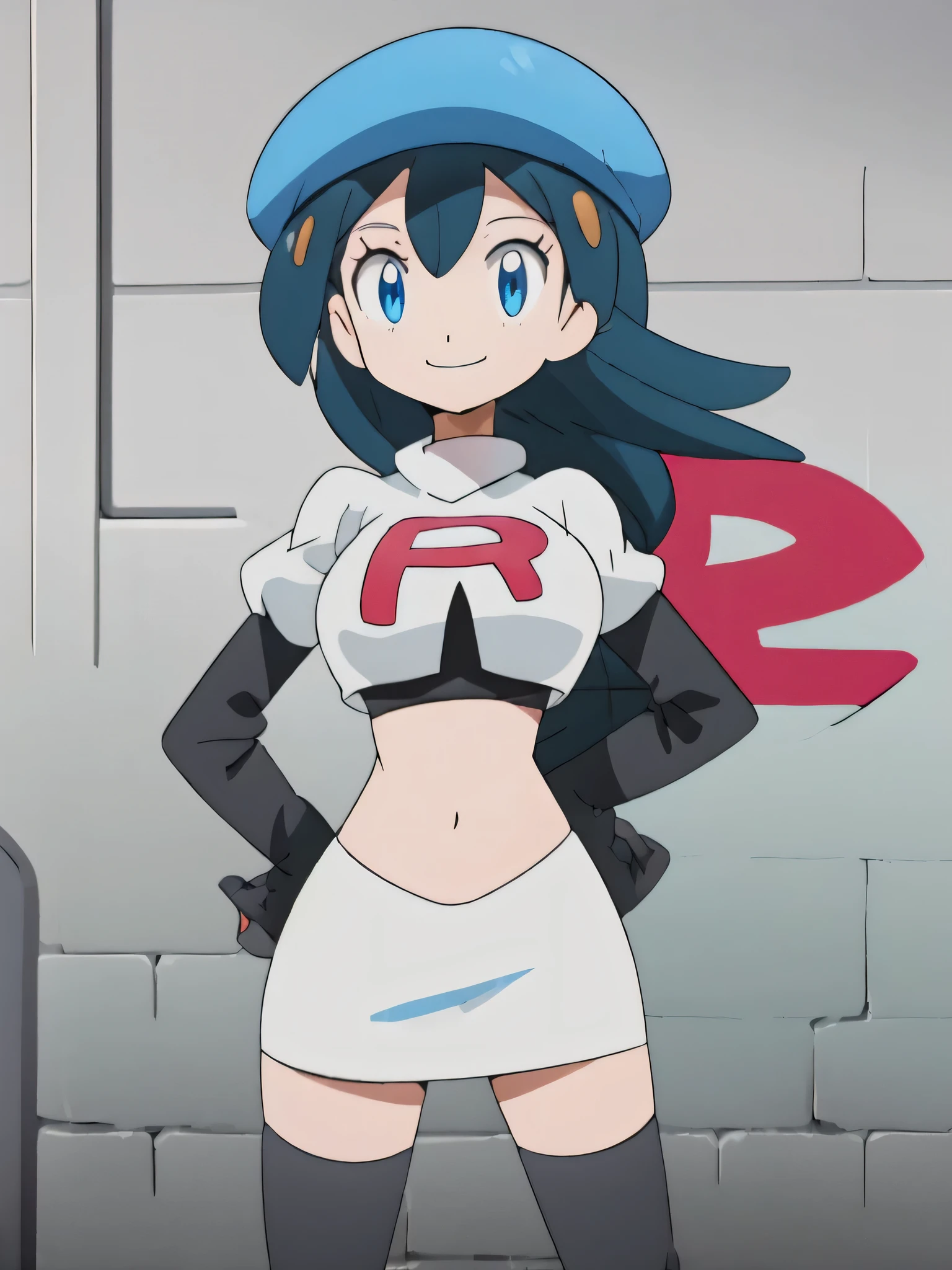 8k,1girl in, (solo:1.1), (perfect body:1.1), (best quality:1.1), very large breast, team rocket, team rocket uniform, red letter r, white skirt,white crop top,black thigh-high boots, black elbow gloves, smiling, looking down at viewer, hands on hips,zettai ryouiki,cowboy shot
