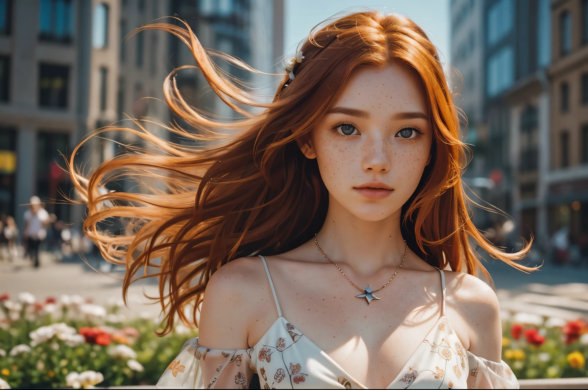 Realistic photography, Close-up of beautiful woman with freckles and , head shot , 25 years old, focus on eyes, 50mm f1.4, ginger hair in the wind,dramatic lighting, epic, Web clothing, flowers on hair, Xiaoxue, city background, epic necklace