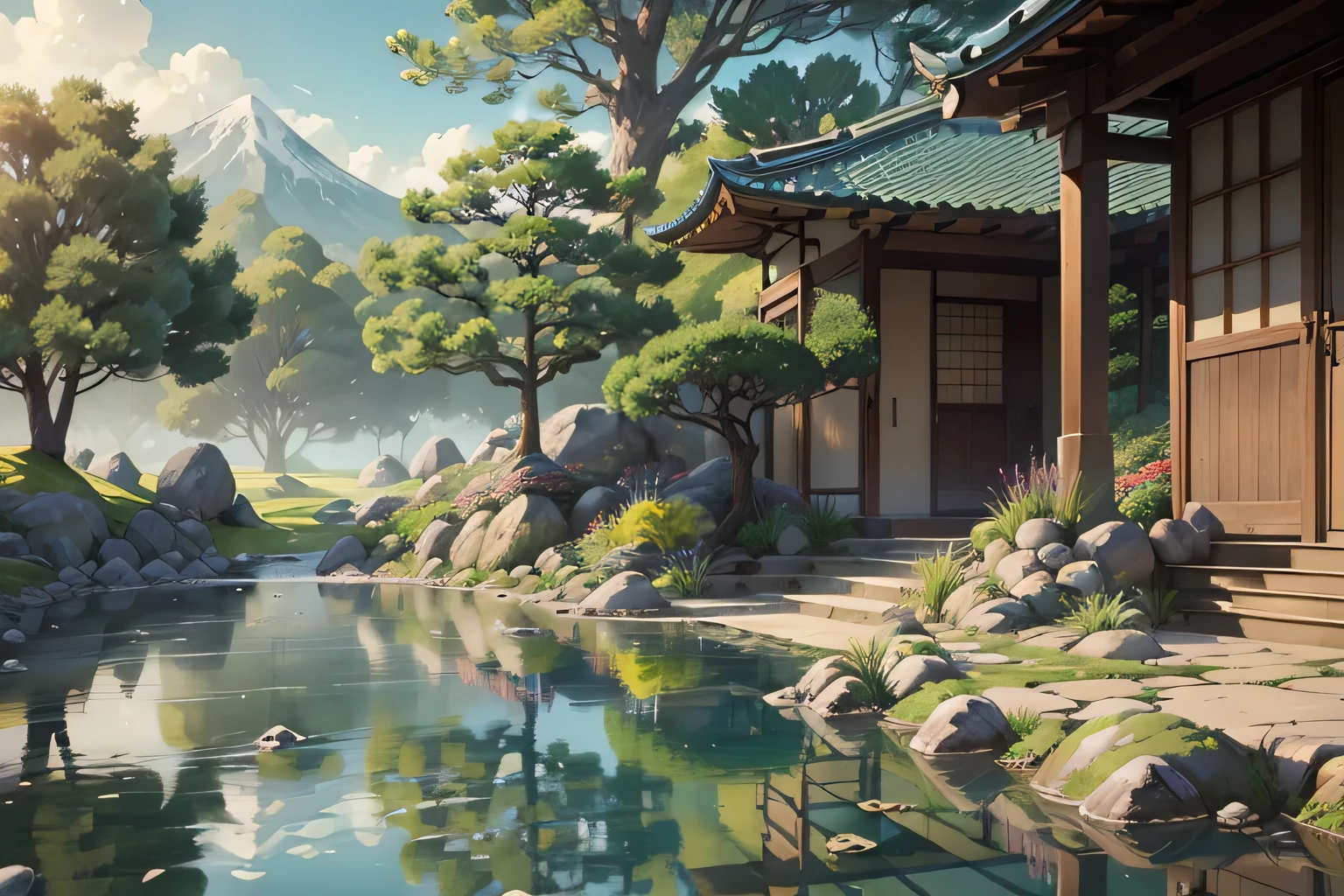 A space of harmony and tranquility, where is the sand, A combination of stones and plants、Creates an environment of meditation and reflection. the sand is fine and clear, and、Carefully rotated to create a design reminiscent of water ripples. Stones come in different sizes and shapes, and抵抗と人間のやり方を表します. The plants are green and modest, and庭に生命と色のタッチをもたらします. Nature sounds are soft and relaxing, Like the chirping of birds and the whisper of the wind. the air is fresh and pure, and気候は穏やかです. Japanese Zen gardens are places of peace and tranquility, A place where you can appreciate the beauty of simplicity and order.、(blue sky)、soft light、