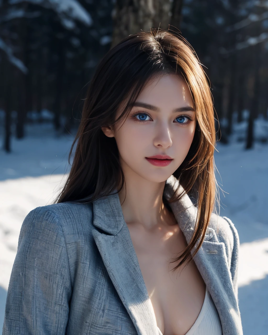 8K, Top Quality, Intricate Details, Ultra Detail, Ultra High Resolution, Masterpiece, random angle,  Slender, Smile, (Makeup: 0.4), (Fluffy Blue Eyes: 1.21), blue Eyes, looking at viewer, ((full body)), 1girl, solo, 1 girl, (( full body)), close up shot, , ((tall)), (((fit body))), (((slim face))), sharp face, sharp eyelack hair, long hair, )) , (detailed face), sharp face, small lips, holding pistol, handgun,
 (( )), ((, coat, )),  detailed face, detailed breast, , large breast, detail ass, , Beautiful girl with accentuated slender abs: 1.4, Six Pack Abs: 1.4, Bust Botox, Big, Perfect Body, detail leoonlight)), in the snow