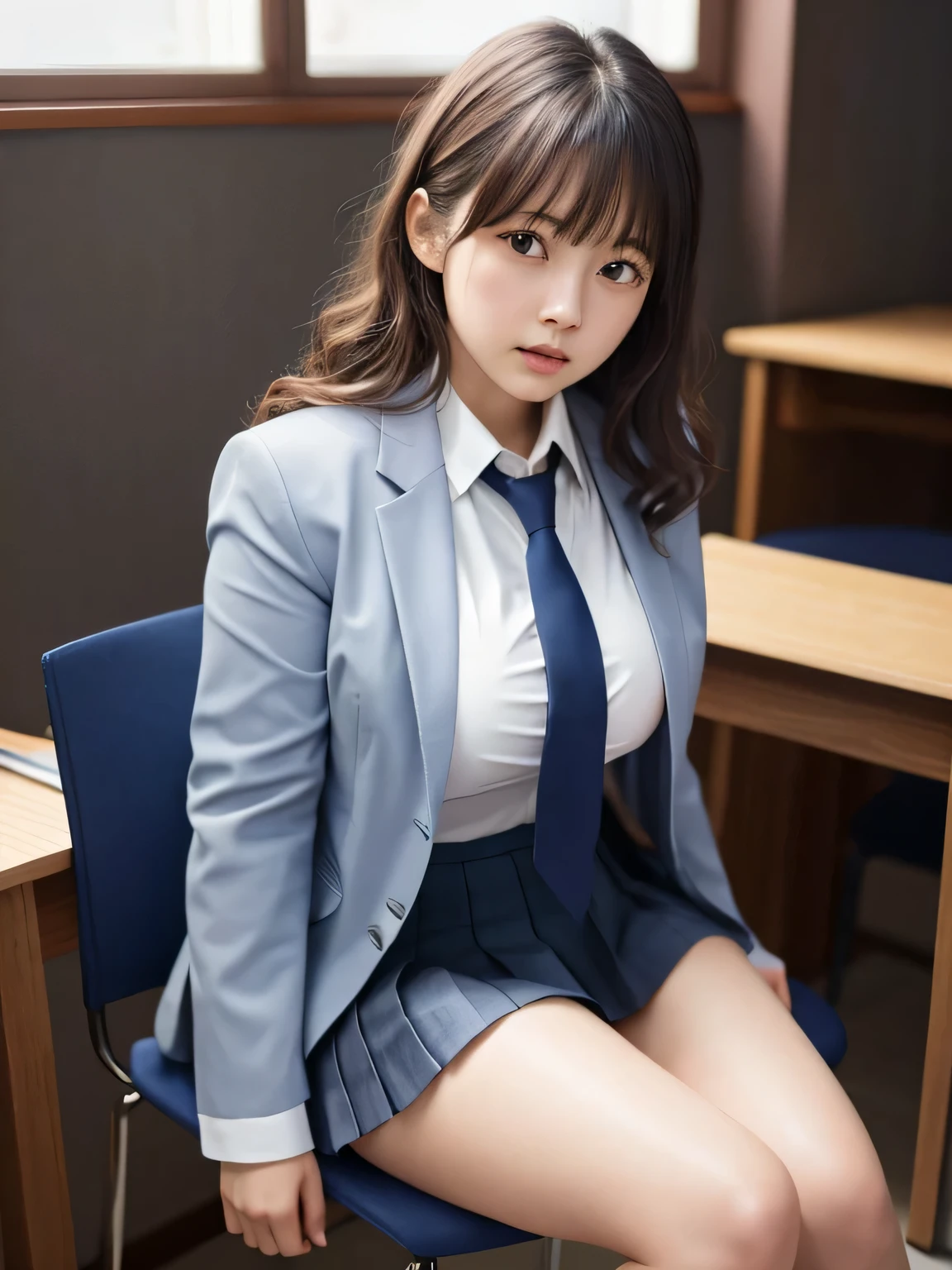 8k, highest quality, real image, intricate details, Super detailed, ultra high resolution, depth field,(realistic,realistic:1.2),from the middle, 1 Japanese girl, very beautiful 17 year old girl, Big eyes, beautiful breasts:1.5、highly detailed eyes:1.2), (beautiful breasts:1.1), (small breasts:1.5), wavy hair、curly hair、bangs, perfect skin, Fair skin, huge hips, thick thighs, thick legs, tight waist,Hands on her chest, sit in a chair, light blush, alone, (sob:1.1), (Are crying:1.1), (School_uniform),(dark blue blazer), (white shirt、wear a tie), (gray pleated skirt), (sculpture installation :1.1)