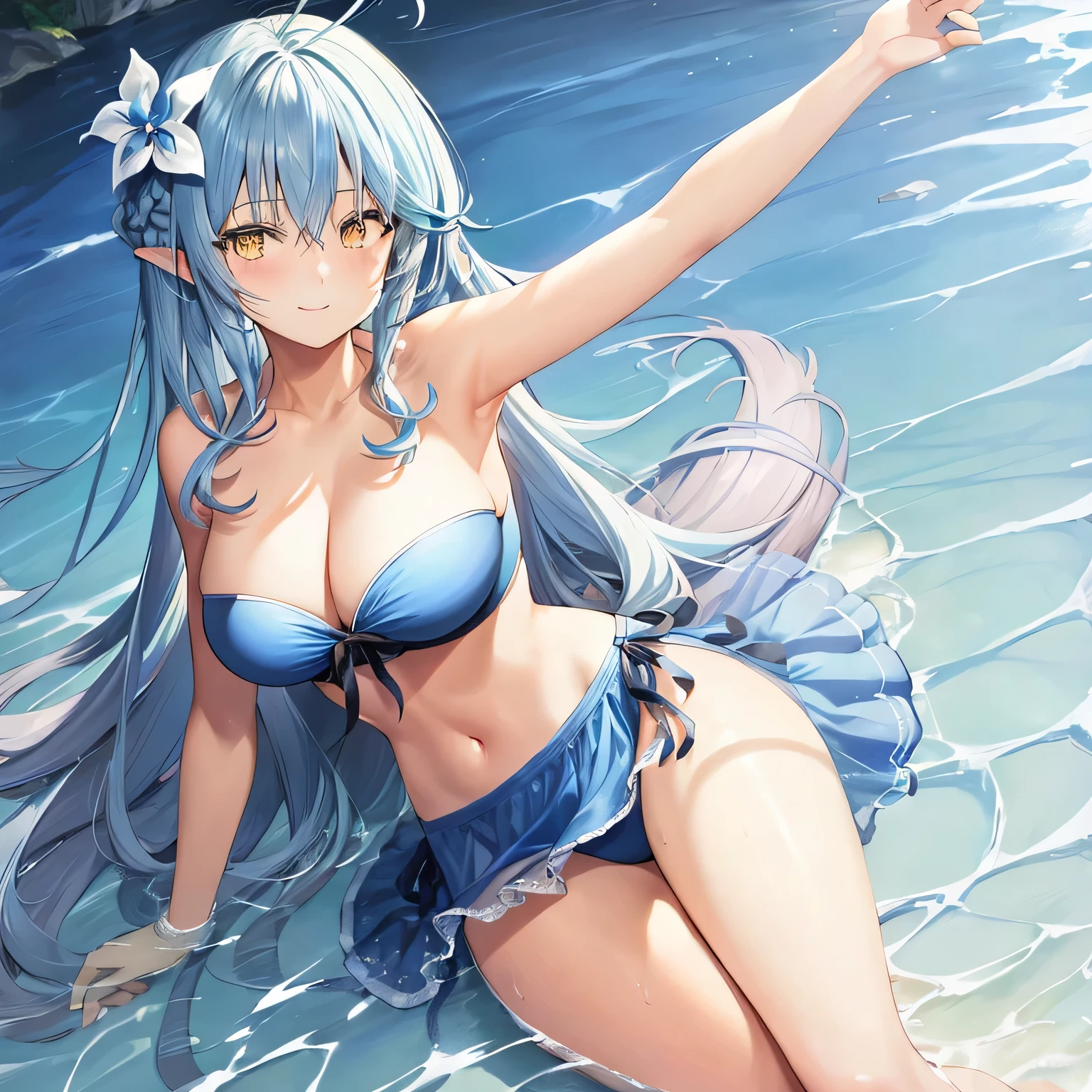 Illustration, masterpiece, Best Quality, Anime, Highly detailed face, Highly detailed eyes, Highly detailed background, Perfect Lighting, 1girl in, Solo, medium breasts, cleavage, Light blue hair, hair between eye, Yellow eyes, pointy ear, Long hair, heart ahoge, Hair Flower, Gradient Hair, Gradient Eyes, Strapless, cleavage, medium breasts, smile, pool ,light blue bikini