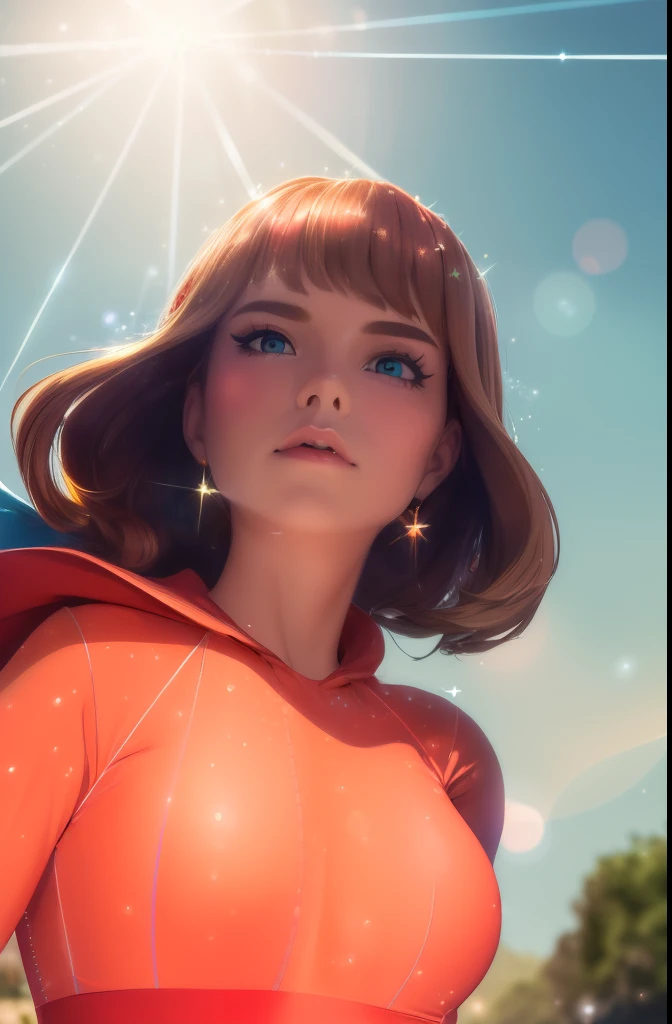 (actual:1.2), (masterpiece, best quality, Super detailed), (beautiful detailed face, beautiful detailed eyes, Volumetric lighting),
1 girl, alone, (Dutch Cape:1.3),
(light brown hair, coral eye:1.4), big breasts, Hair blowing in the wind,
(red leggings, Cyan crop top:1.2), beautiful,
MKSK style, (beautiful detailed creek, noon:1.2), (light particles, lens flare, Color difference:1.3),