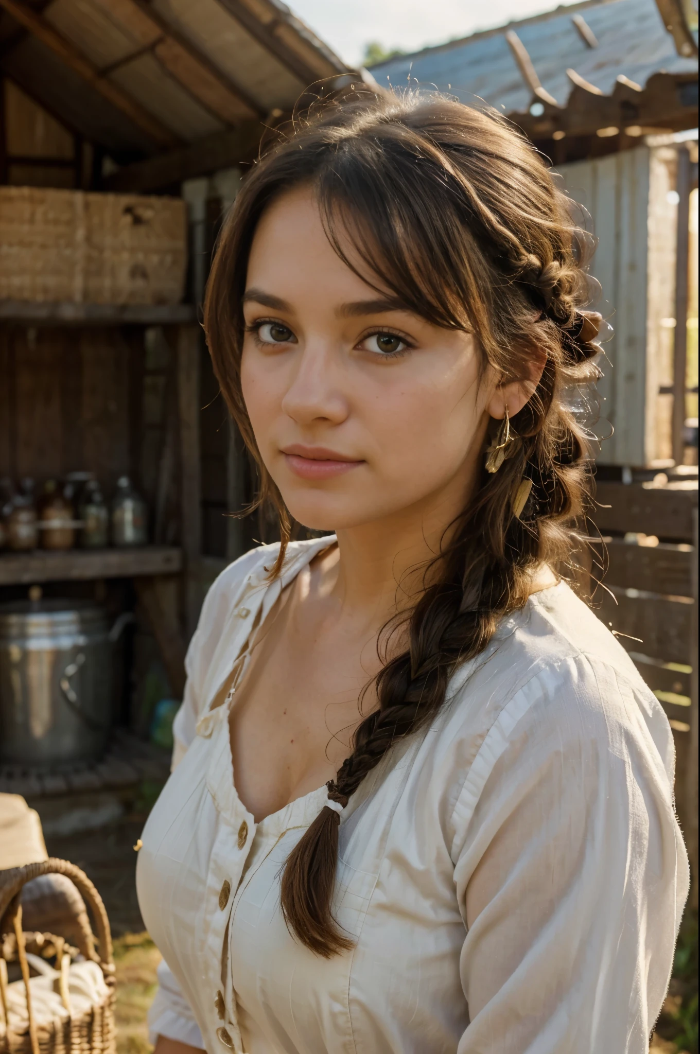 plump woman, (best quality,4k,8k,highres,masterpiece:1.2),ultra-detailed,(realistic,photorealistic,photo-realistic:1.37),oil painting,portrait,beautiful detailed eyes,beautiful detailed lips,extremely detailed eyes and face,soft sunlight,gorgeous countryside,green meadows,peaceful atmosphere,hardworking farmer,traditional wooden farmhouse,happy cows,enjoying the fresh air,overflowing milk pails,freshly churned butter,every detail of the cows and farmer is well defined,sun-kissed skin,healthy and shining hair,double braid hairstyle,farm-related accessories,floral blouse,expressing contentment and love for her work,friendly interaction between the girl and cows,golden sunlight illuminating the scene,natural colors and soft gradients,sumptuous texture,subtle brushstrokes,vibrant and harmonious color palette,naturalistic impression,capturing the tranquility and serenity of the countryside, view naked hairy cunt
