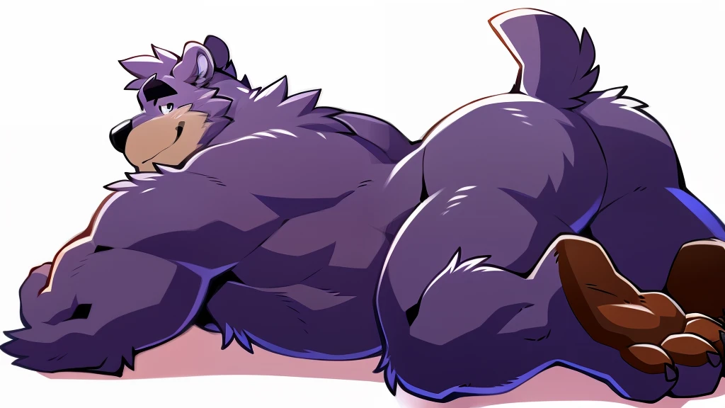 by takemoto arashi, ((full body)), (1boy), solo, male anthro, kemono, (purple bear), round face, round ears, naked, hot body, huge gut, giant muscle-gut, muscle, hunk, sexy, bara, handsome boy, (detailed pure eyes), white eyebrowasterpiece, high res, best quality), 4k, soft skin, warm color, lying down, face down, on all fours, on hands and knees, looking back at viewer, (pointing butt directly at viewer) grabbing ass, hand squeezing butt-cheek very hard,Physical man,Dynamic pose exposes the soles of the feet,Keep your feet up,Keep your feet up, furry art, human paw art, furry legs, hairy paws art, showing his paws to viewer, hairy paws hairy paws, furry paw, spread legs, spread butt cheeks, professional furry drawing, fur covered legs, naked, nude, nakedness, nakeness