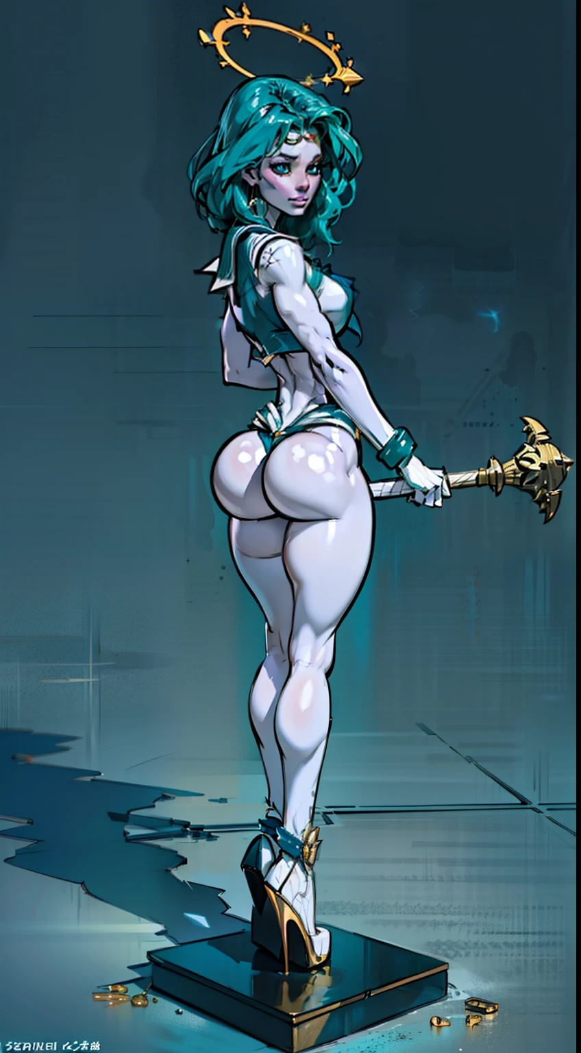 masterpiece, full body,1girl, colored skin, (white skin:1.4), ((sailor Neptune)),walking Away, (puffy lips), small breasts, (large ass:2.0), intricate gold jewelry, (medium length hair:1.5), white arm sleeves, whitefire lights, dystopian future, ((shiny skin)), glistening skin, small breasts, toned back muscles, beautiful light matter, detailed eyes, detailed face, mature face, athletic body, looking at viewers,full body, light smiles,((tiny breasts:1.4)), detailed skin, colored skin(white skin:1.7), (((teal hair))), mature body, tall body,seductive body,medium big breast, medium thigh,((sailor scout outfit)), detailed clothes BREAK desert and skull backgrounds, holding only one long and thick light scepter,((gigantic asses:1.3)), highly saturating beams, holy ceremony, halo, golden and red spark dazzling around, holy magic circle,  crown , golden majical lightning, best quality, masterpiece, trending on Art station,BREAK,Detailed,Realistic,4k highly detailed digital art,octane render, bioluminescent, cinematic lighting BREAK 8K resolution concept art, realism,by Mappa studios,masterpiece,best quality,official art,illustration,ligne claire,(cool_color),perfect composition,absurdres, fantasy,focuse, white and gold color palette,(((stands on cracked pedestal))), (high boots)(ribbon)