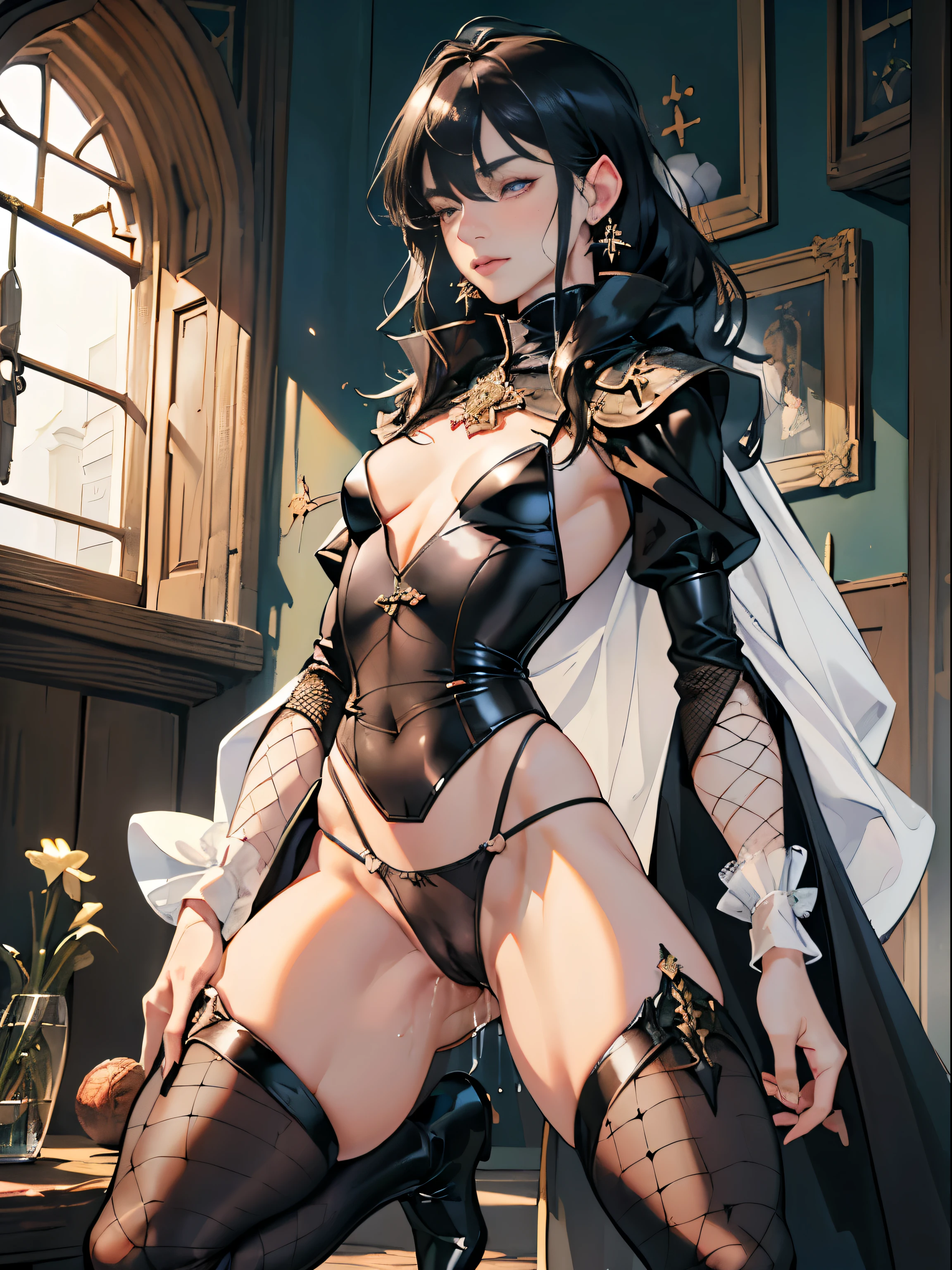 (((((middle-aged women))))), masterpiece, super detailed, 8K portrait, RAW photo, portrait photography, highly detailed face, ((fantasy)), 1 female, (((short woman))), (((magician))), (((((nervous look))))), (((dynamic pose))), (((Fishnet swimwear))), (((((camel toe))))), (((((Panties with stains, Pee stains))))), (((((pussy juice))))), 33 years old, (((slut))), (((((Pee smell))))), (((smelly pussy))), (((Black little eyes))), (((long black wet hair))), (((hair above eyes))), Larger earrings, (((white skin color))), (((((white puffy sleeves))))), chest pocket, (((black silk cloak))), (((little waist hip pouch))), (((((Fishnet Stockings Body Tights))))), (((leather boots))))), (((Equip a long wooden stick))), midday sun, surreal, ((((flat chest)))), (((((small breasts))))), (((thick thighs))), long legs, In the medieval adventurer's guild, environmental lighting, shadow details , Focus the camera on the thigh, strong wind, light fog