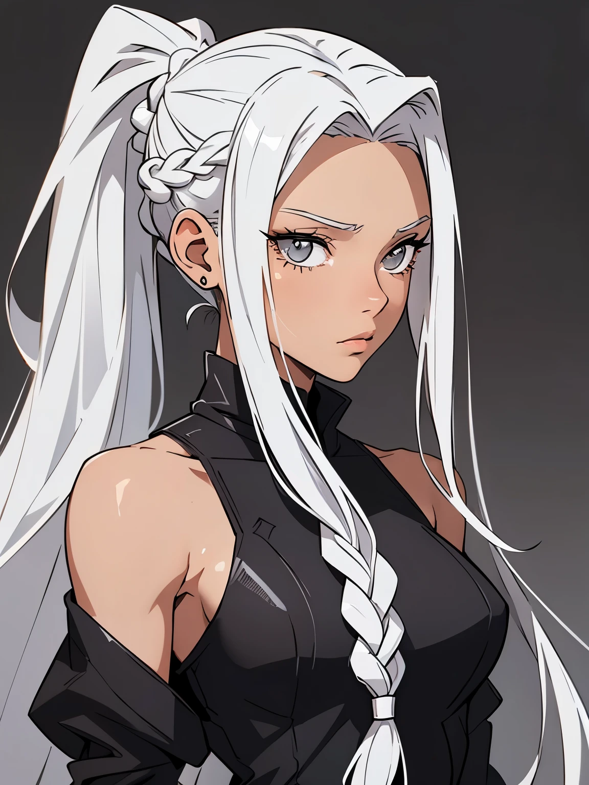 Millicent is a 21 year old young girl, tall and fit physique. She has fair skin and gray eyes with small pupils. Long wavy white hair braided into a high ponytail with many small braids. Described as an incredibly beautiful girl. Prefers to wear black clothes, gray and white colors