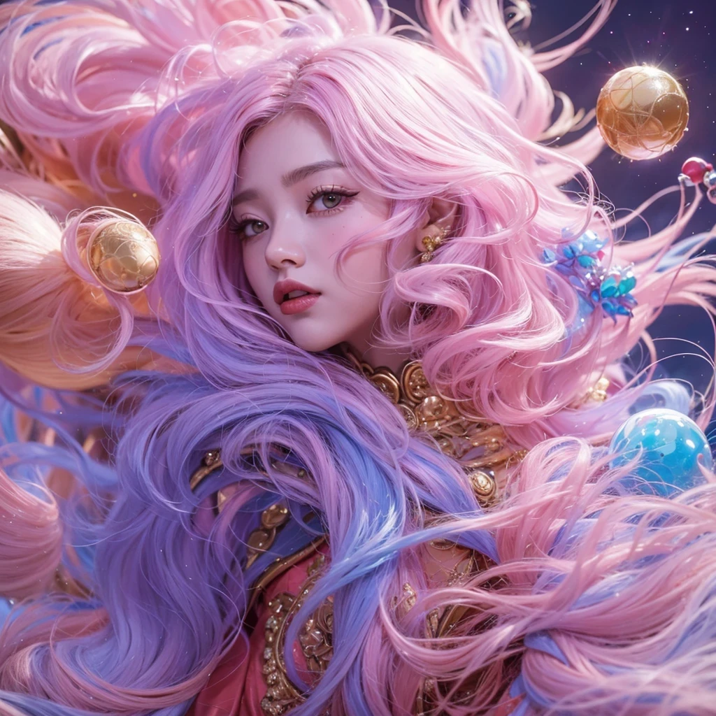 Goose pink blue color,enamel,agate,A flesh-colored world,Blood Blue Girl 32K(masterpiece,HD,Aoyama Pond,Ultra high quality,32)long flowing bright blue hair,blood pool,Ziddink, a color,Grumpy (After greeting), (Linen scarf), fighting stance, looking at the ground, Goose pink long hair, Floating bright blue, Fire cloud gold headdress, Chinese long-sleeved gold silk burgundy garment, (Abstract metaverse splash:1.2), White background,Peony flower vitality protector(粉realisticlying:1.4),bright purple hair,Smoke on the road,The background is very pure, high resolution, detail, RAW photos, Sharp Re, Nikon D850 film photo by Jefferies Lee 4 Kodak Portra 400 camera F1.6 guns, Rich pink shade, Ultra-realistic and vivid textures, dramatic lighting, Unreal Engine Art Station Trend, Sinest Powder 800,一个有着long flowing bright blue hair的女孩,Huge colorful bubbles鹅粉黄
