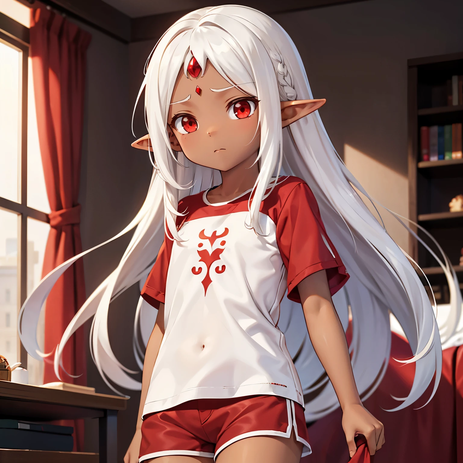 Elf, tan, white hair, red eyes, long hair, short, red shirt, red shorts, kuudere, dark skin, gem in forehead, emotionless, expressionless, apartment, black skin