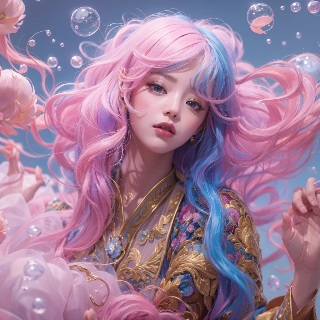 Goose pink blue color,enamel,agate,A flesh-colored world,Blood Blue Girl 32K(masterpiece,HD,Aoyama Pond,Ultra high quality,32)long flowing bright blue hair,blood pool,Ziddink, a color,Grumpy (After greeting), (Linen scarf), fighting stance, looking at the ground, Goose pink long hair, Floating bright blue, Fire cloud gold headdress, Chinese long-sleeved gold silk burgundy garment, (Abstract metaverse splash:1.2), White background,Peony flower vitality protector(粉realisticlying:1.4),bright purple hair,Smoke on the road,The background is very pure, high resolution, detail, RAW photos, Sharp Re, Nikon D850 film photo by Jefferies Lee 4 Kodak Portra 400 camera F1.6 guns, Rich pink shade, Ultra-realistic and vivid textures, dramatic lighting, Unreal Engine Art Station Trend, Sinest Powder 800,一个有着long flowing bright blue hair的女孩,Huge colorful bubbles鹅粉黄