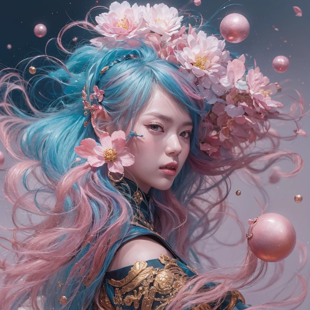 Goose pink blue color，enamel，agate，A flesh-colored world，Blood Blue Girl 32K（masterpiece，HD，Aoyama Pond，Ultra high quality，32）long flowing bright blue hair，blood pool，Ziddink， a color，Grumpy （After greeting）， （Linen scarf）， fighting stance， looking at the ground， Goose pink long hair， Floating bright blue， Fire cloud gold headdress， Chinese long-sleeved gold silk burgundy garment， （Abstract metaverse splash：1.2）， White background，Peony flower vitality protector（粉realisticlying：1.4），bright purple hair，Smoke on the road，The background is very pure， high resolution， detail， RAW photos， Sharp Re， Nikon D850 film photo by Jefferies Lee 4 Kodak Portra 400 camera F1.6 guns, Rich pink shade, Ultra-realistic and vivid textures, dramatic lighting, Unreal Engine Art Station Trend, Sinest Powder 800，一个有着long flowing bright blue hair的女孩，Huge colorful bubbles鹅粉黄