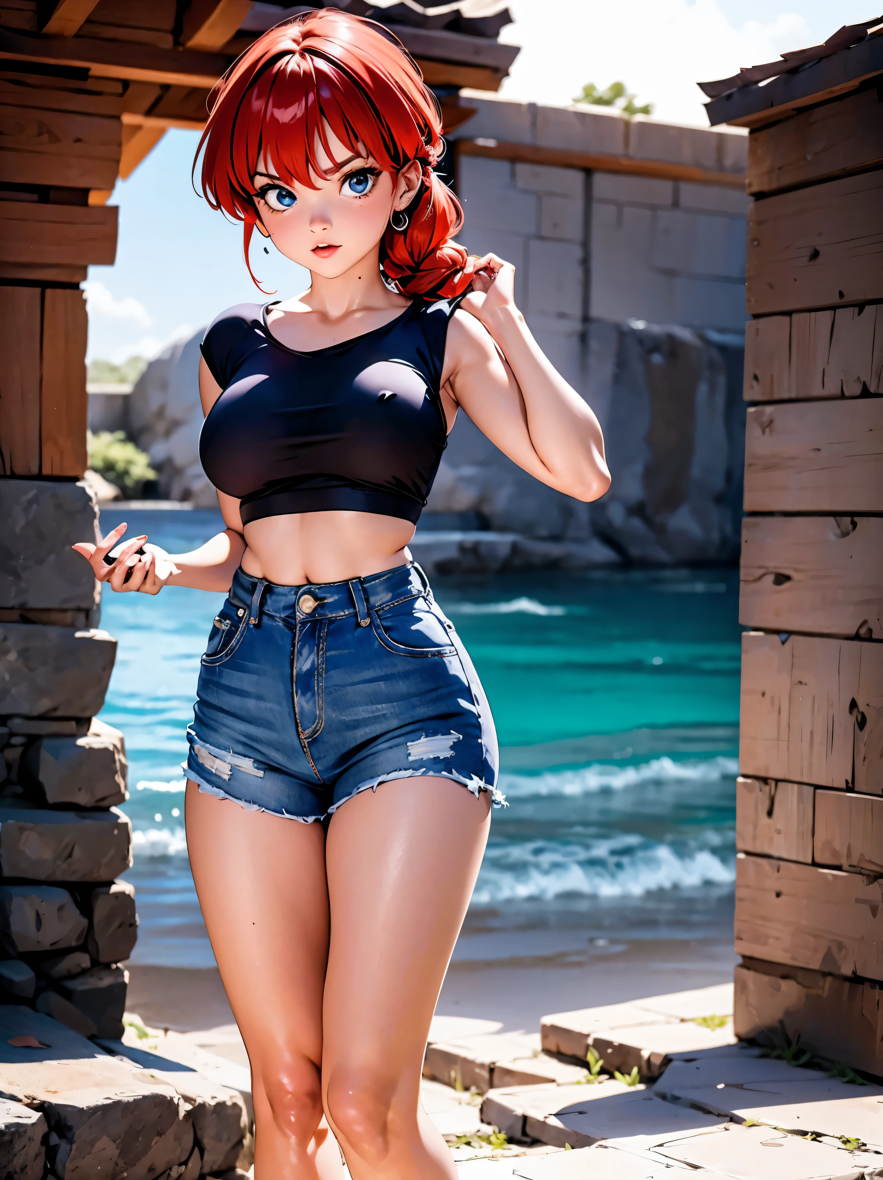 Garota Ruiva de anime em short jeans e blusa rosa brilhante, saia, , corpo bonito, seios grandes, com as hands on chest, hands on chest, Garota sexy, red short hair with braid, mechas de cabelo laterais, mechas de cabelo na lateral do rosto, beautiful lighting, sombras suaves, olhos azuis, pernas bonitas, short hair with braid, estilo anime, Ranma Chan, Autora Rumiko Takahashi, Baseado em obra de Rumiko Takahashi, Anime Ranma 1/ 2, decote sexy, quadril robusto, corpo inteiro, corpo inteiro, busto grande, garota jovem com corpo belo e bonito, sandals on his feet, garota 16 anosbaixa estatura, vestindo short jeans rosa brilhante, garota anime, estilo anime, beautiful feet in sandals, 45° viewing angle, ao ar livre, red hair braid, grande , peito grande