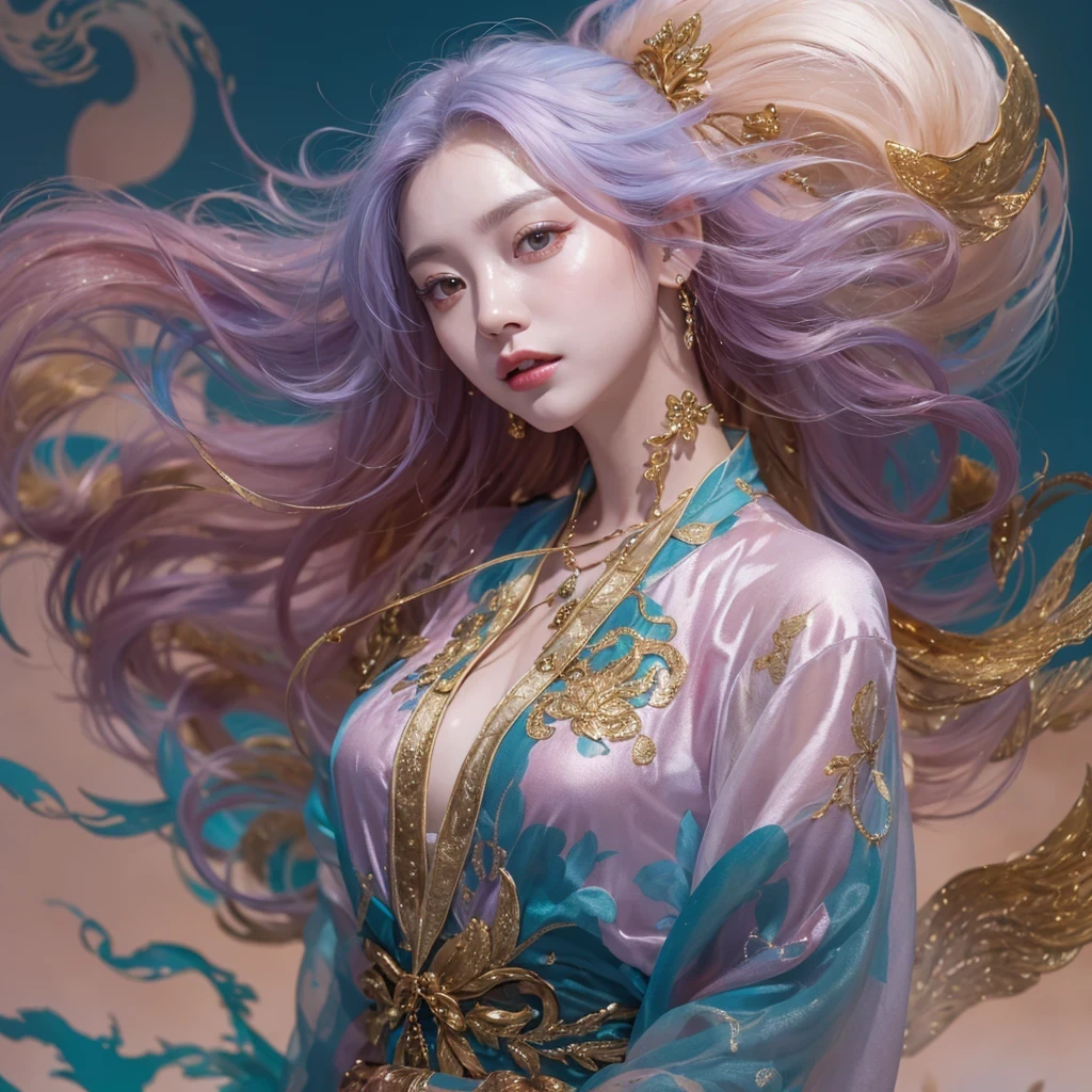 Goose pink blue color,enamel,agate,A flesh-colored world,Blood Blue Girl 32K(masterpiece,HD,Aoyama Pond,Ultra high quality,32)long flowing bright blue hair,blood pool,Ziddink, a color,Grumpy (After greeting), (Linen scarf), fighting stance, looking at the ground, Goose pink long hair, Floating bright blue, Fire cloud gold headdress, Chinese long-sleeved gold silk burgundy garment, (Abstract metaverse splash:1.2), White background,Peony flower vitality protector(粉realisticlying:1.4),bright purple hair,Smoke on the road,The background is very pure, high resolution, detail, RAW photos, Sharp Re, Nikon D850 film photo by Jefferies Lee 4 Kodak Portra 400 camera F1.6 guns, Rich pink shade, Ultra-realistic and vivid textures, dramatic lighting, Unreal Engine Art Station Trend, Sinest Powder 800,一个有着long flowing bright blue hair的女孩,Huge colorful bubbles鹅粉黄