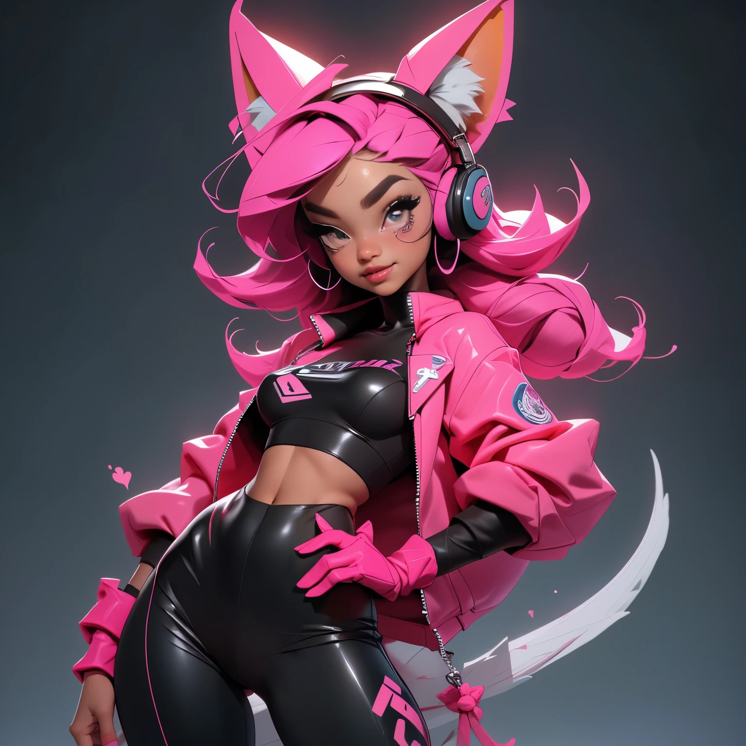 (Melhor qualidade), (obra-prima), (realista) and ultra-detailed photo of cute girl in futuristic neon headphones with plastic fox ears, Ela tem um (de capuz), usa couro (desabotoado) jaqueta de corrida rosa-preto em um corpo nu, sob o qual podemos ver ((enormes peitinhos eretos semiabertoamilos eretos), barriga aberta, shorts apertados de couro, e exala uma vibe (beautiful and aesthetic),   corpo sexy , pupilas detalhadas, detailed iris of eyes, Um sorriso envergonhado e lascivo abrindo a boca,